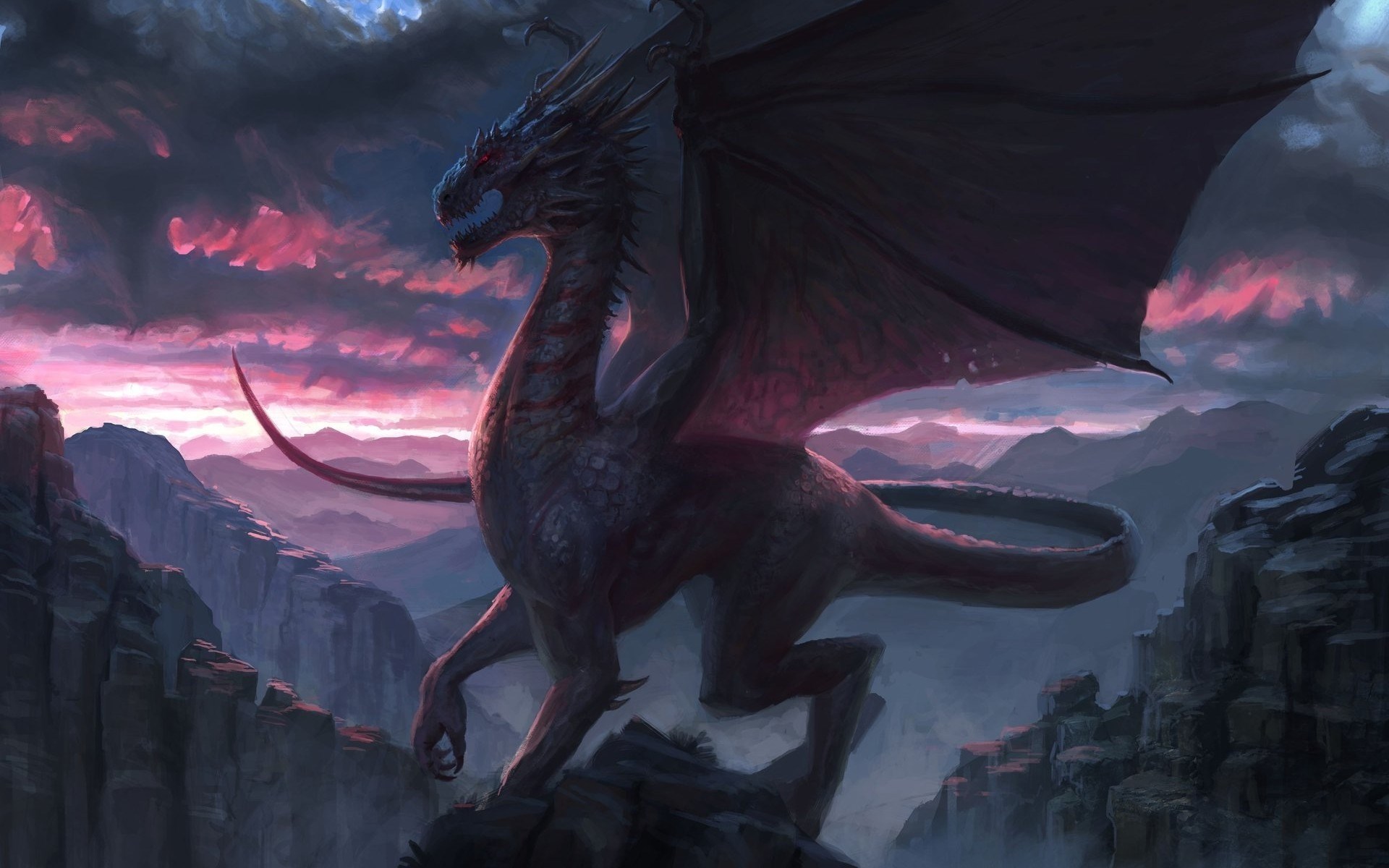 Dragon perched on a rocky cliff at sunset HD Wallpaper