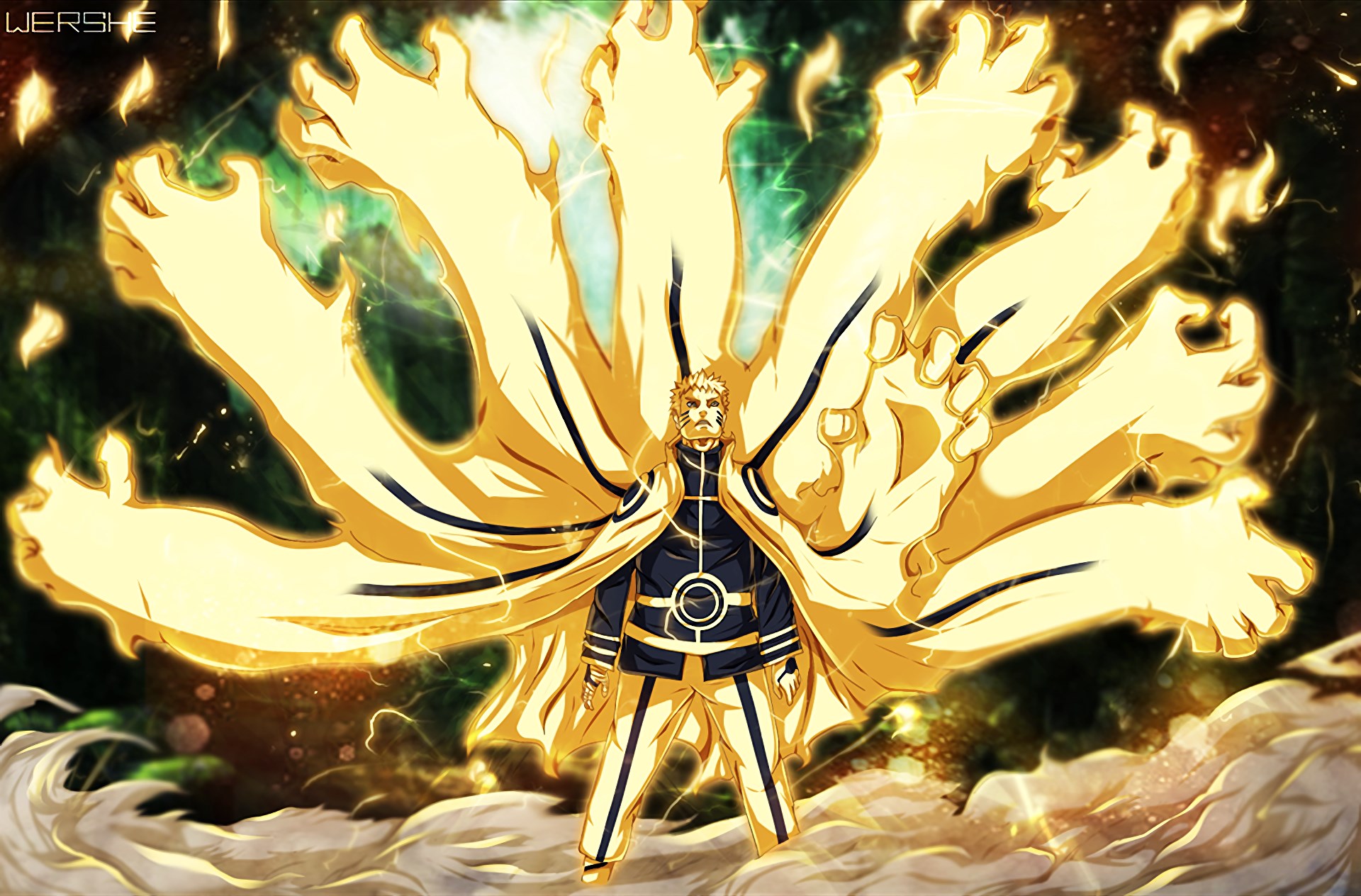 Naruto in Nine-Tails Chakra Mode with Glowing Hands HD Wallpaper