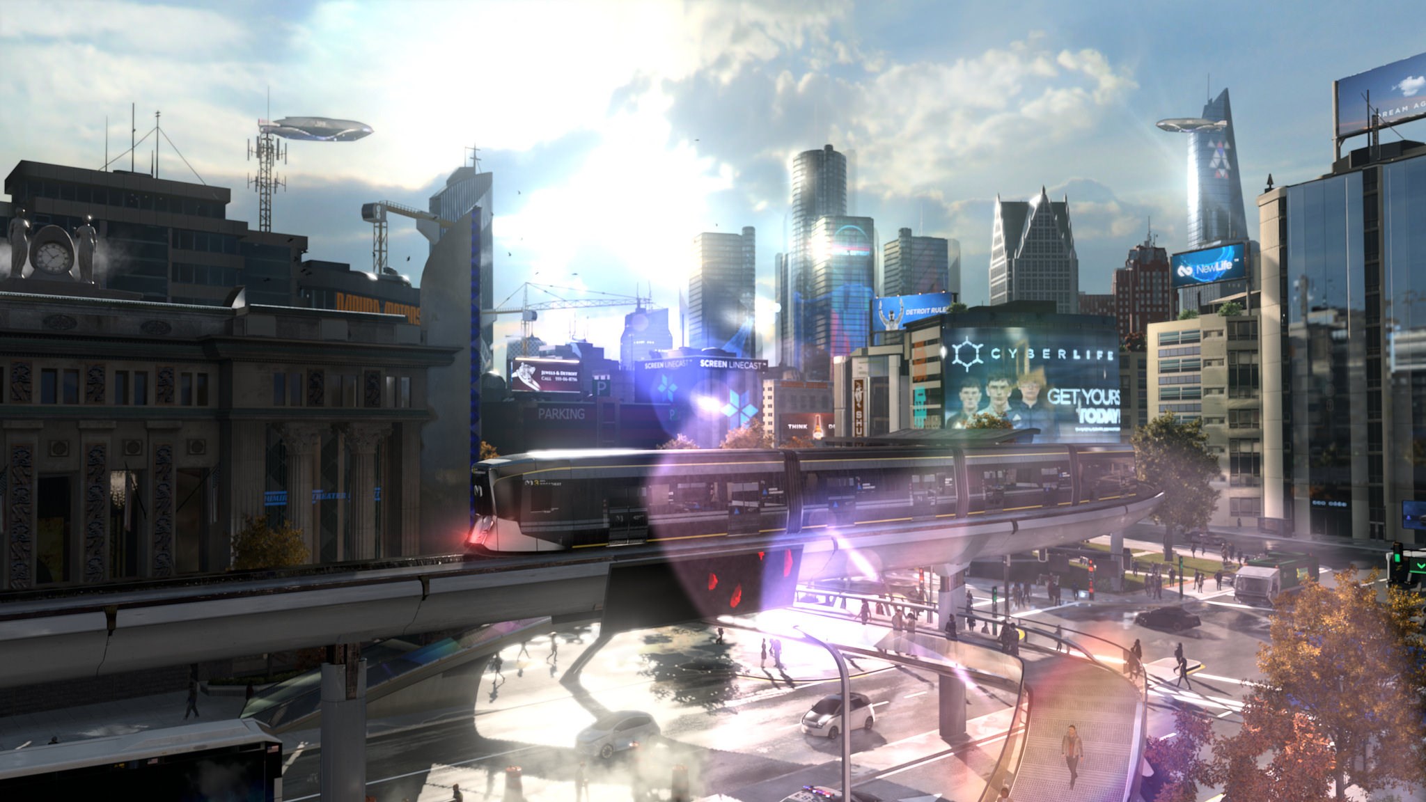Detroit: Become Human cityscape with monorail HD Wallpaper