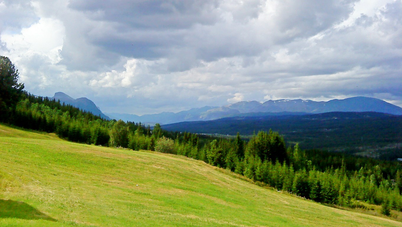 Green rolling hills and distant mountains under a cloudy sky HD Wallpaper