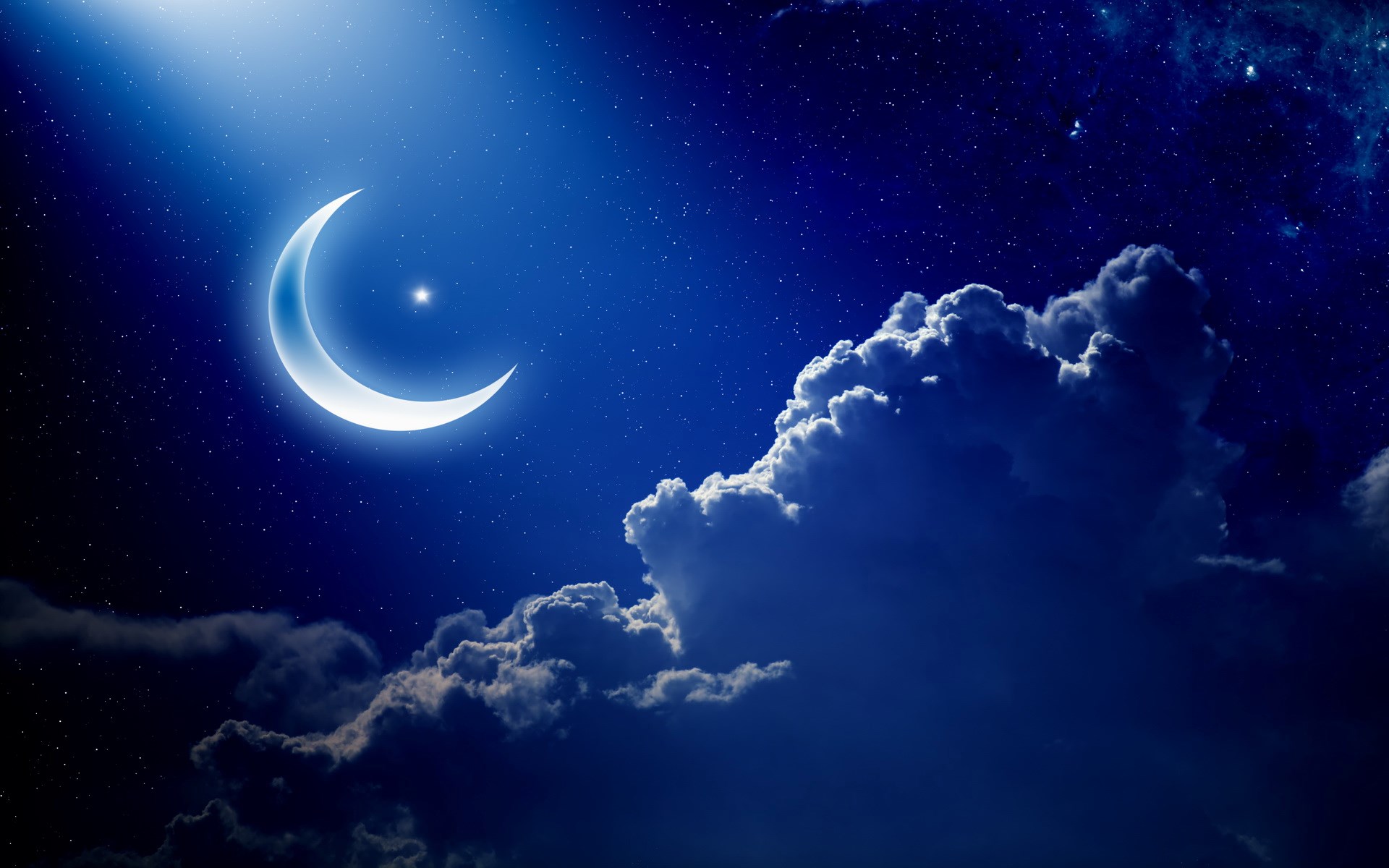 Crescent moon and stars in the night sky HD Wallpaper