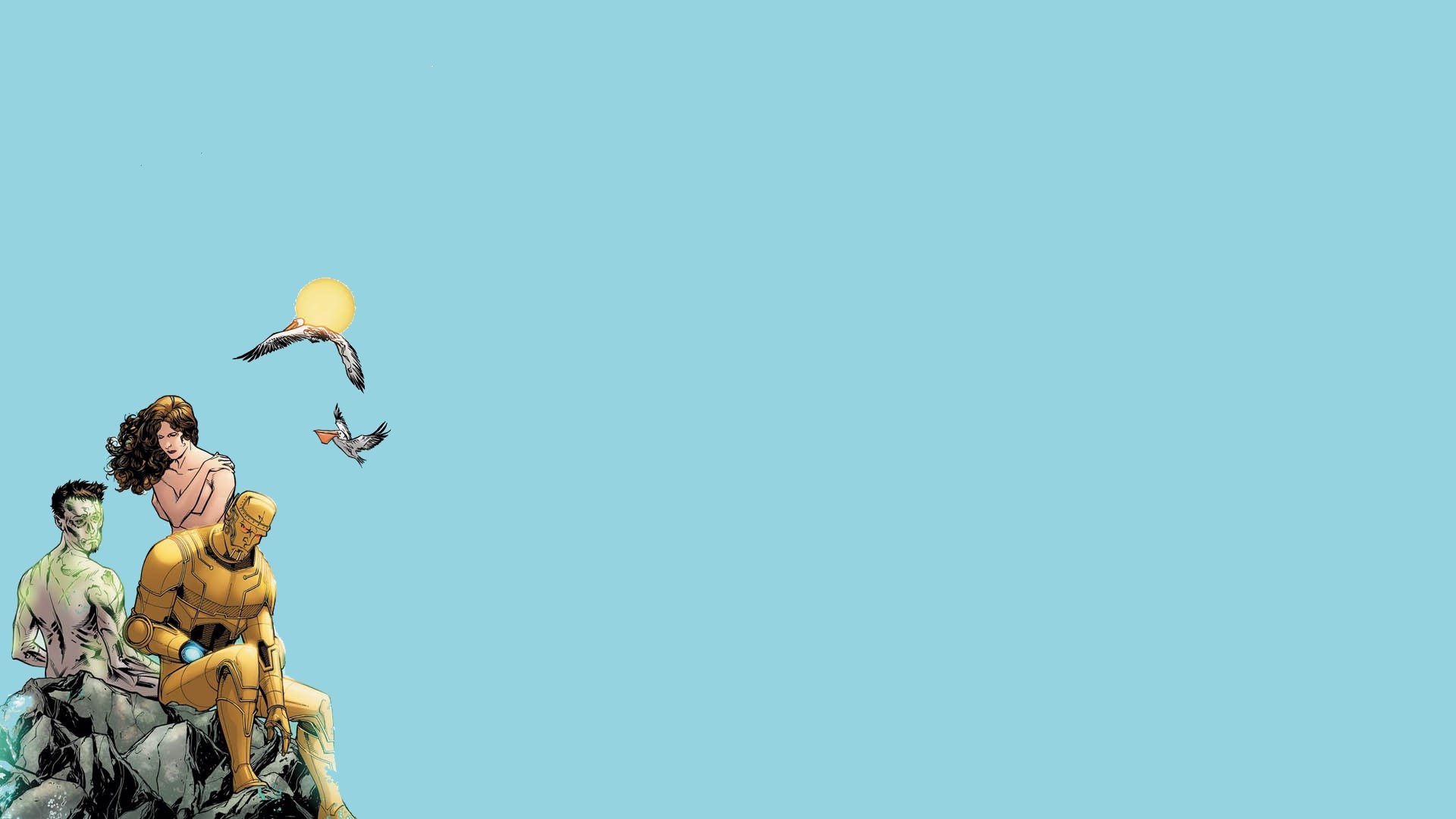 Doom Patrol characters on a cliff with birds HD Wallpaper