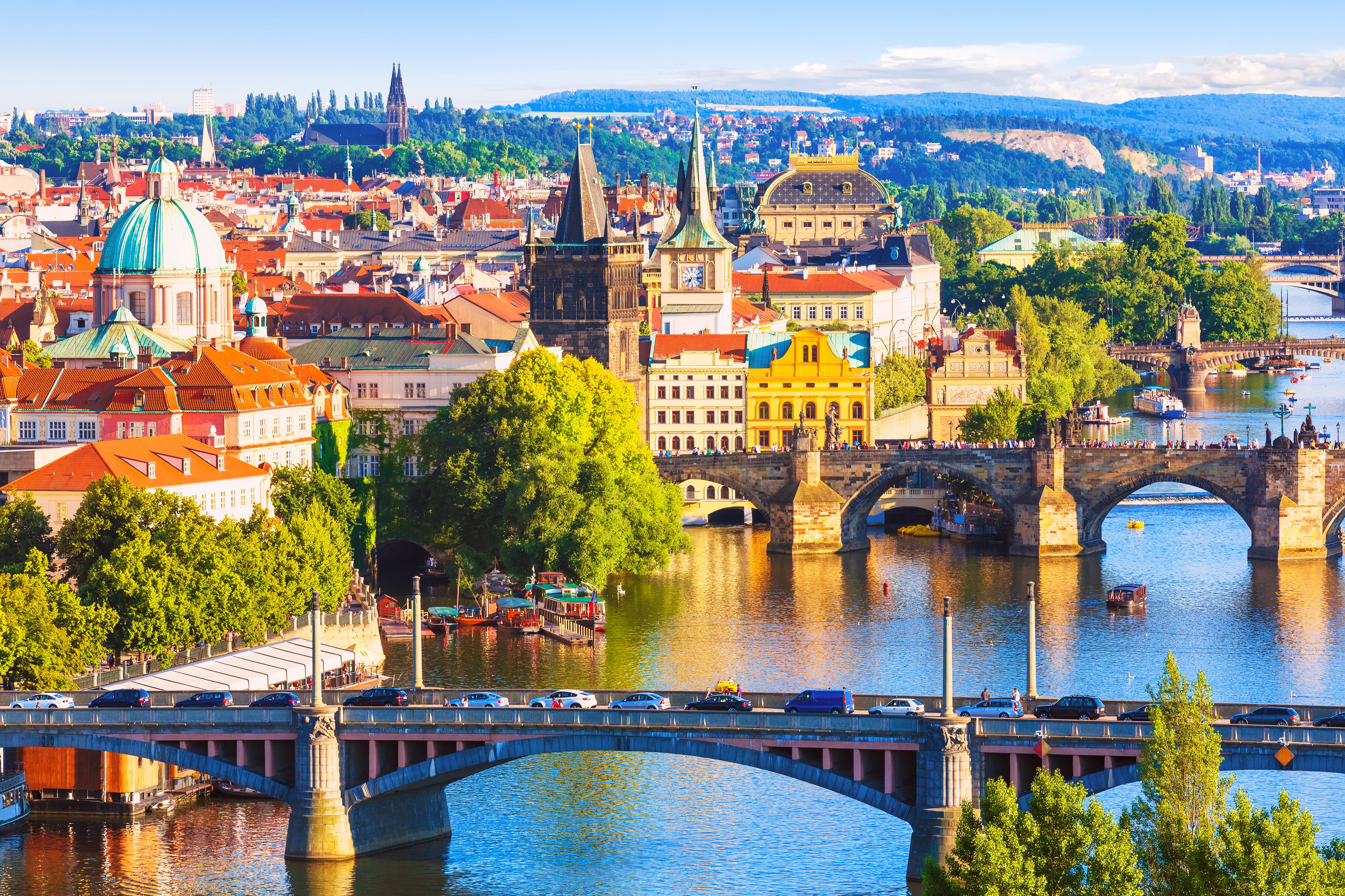 Prague cityscape with bridges over Vltava River HD Wallpaper