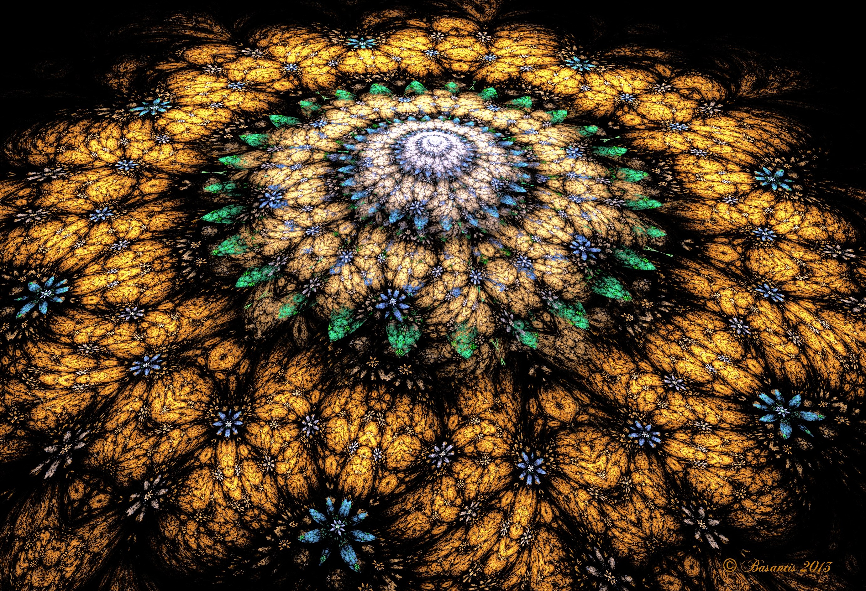 Golden fractal flower with blue and green accents HD Wallpaper