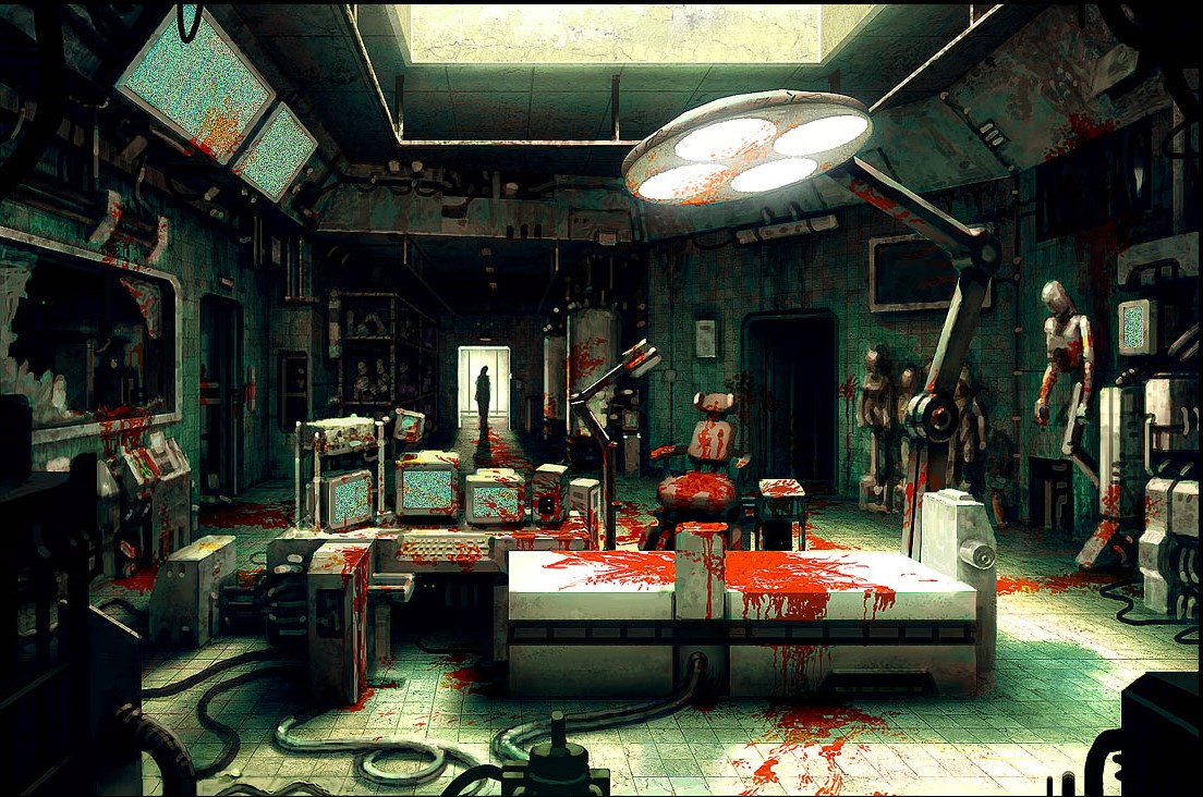 Bloody operating room with medical equipment and figures HD Wallpaper
