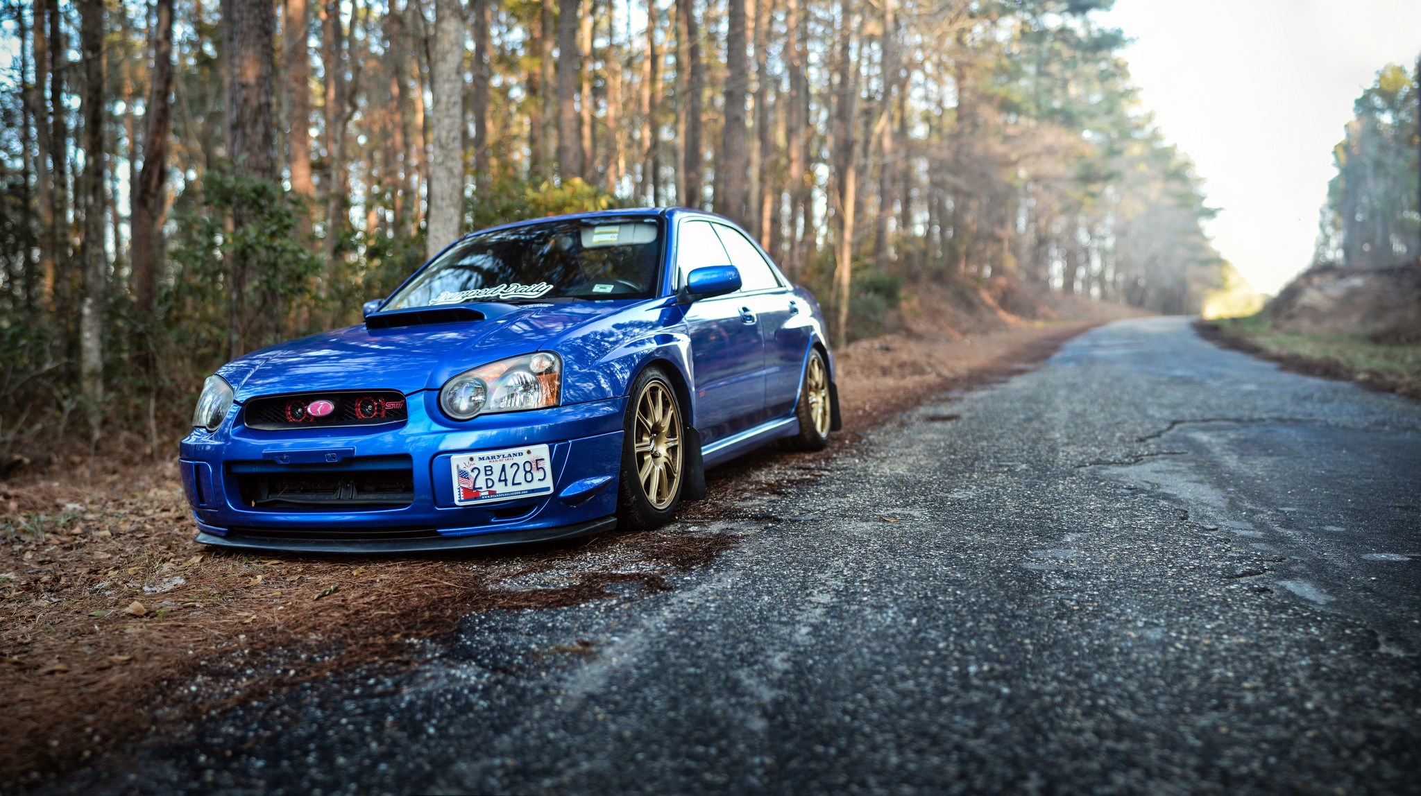 Blue Subaru Impreza parked on a forest road HD Wallpaper