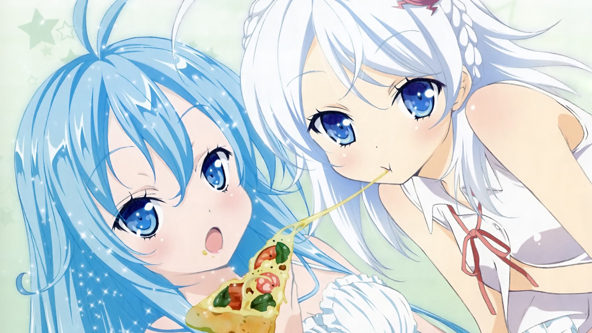 Two anime girls eating pizza HD Wallpaper