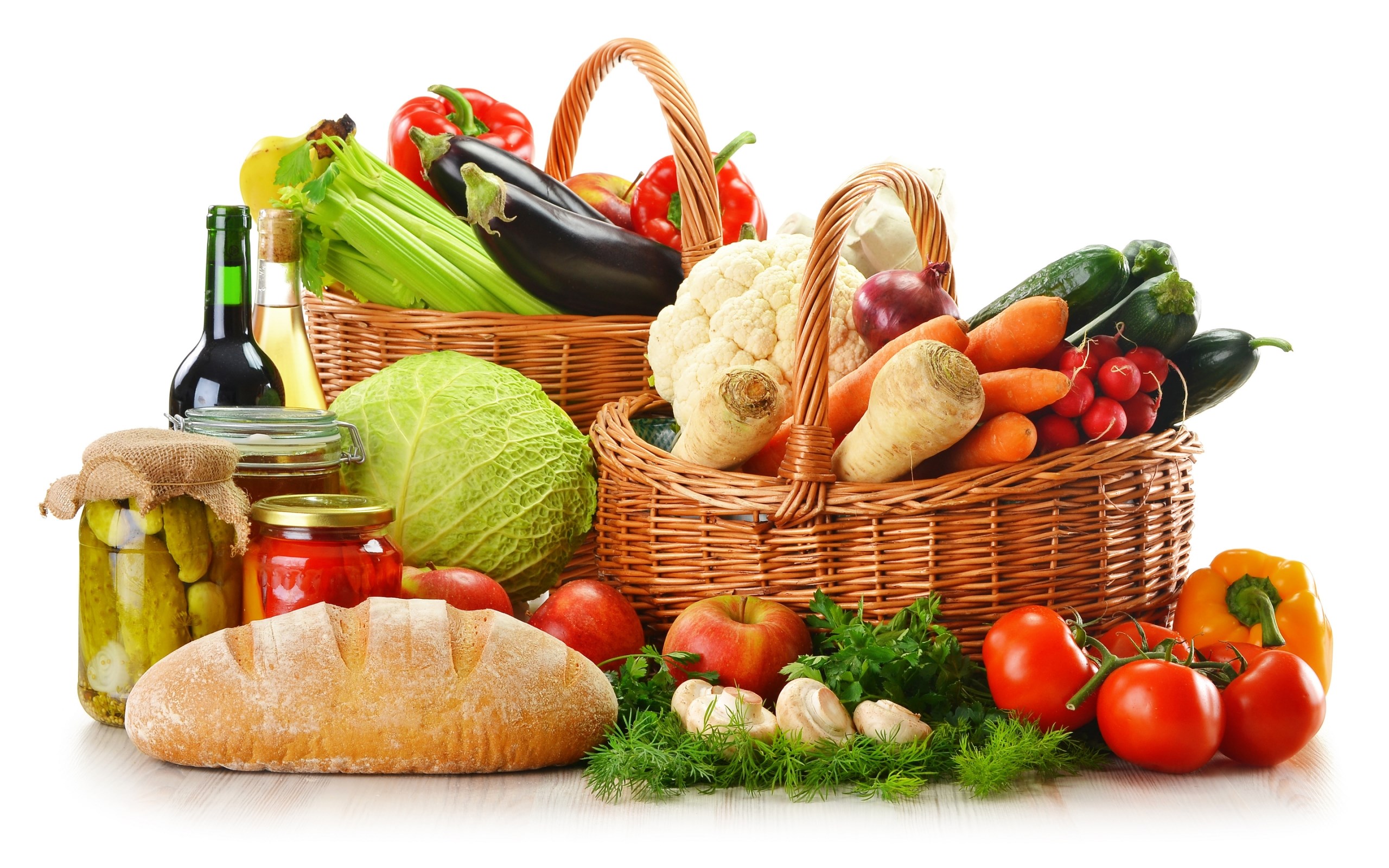 Assortment of fresh vegetables and bread in baskets HD Wallpaper