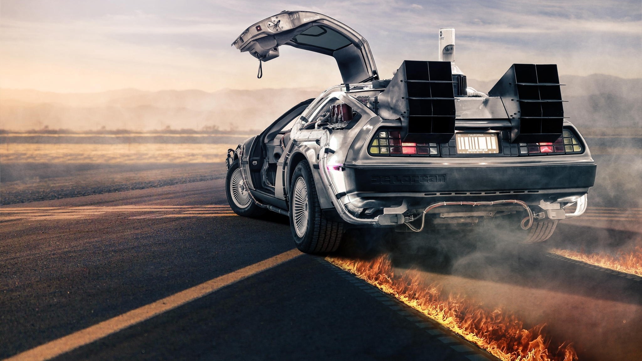DeLorean time machine from Back to the Future on fire HD Wallpaper