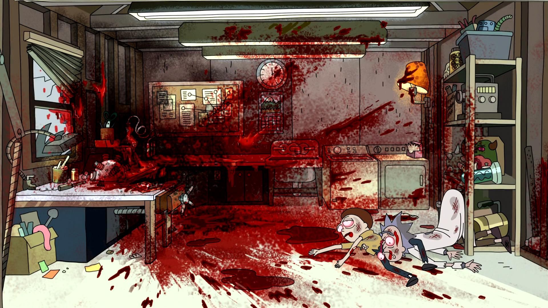 Rick and Morty in a bloody garage HD Wallpaper