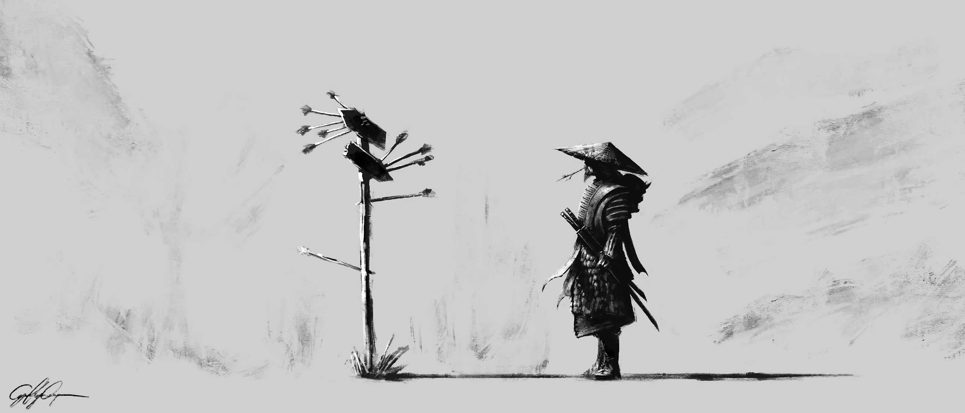 Samurai warrior standing near a pole with arrows HD Wallpaper
