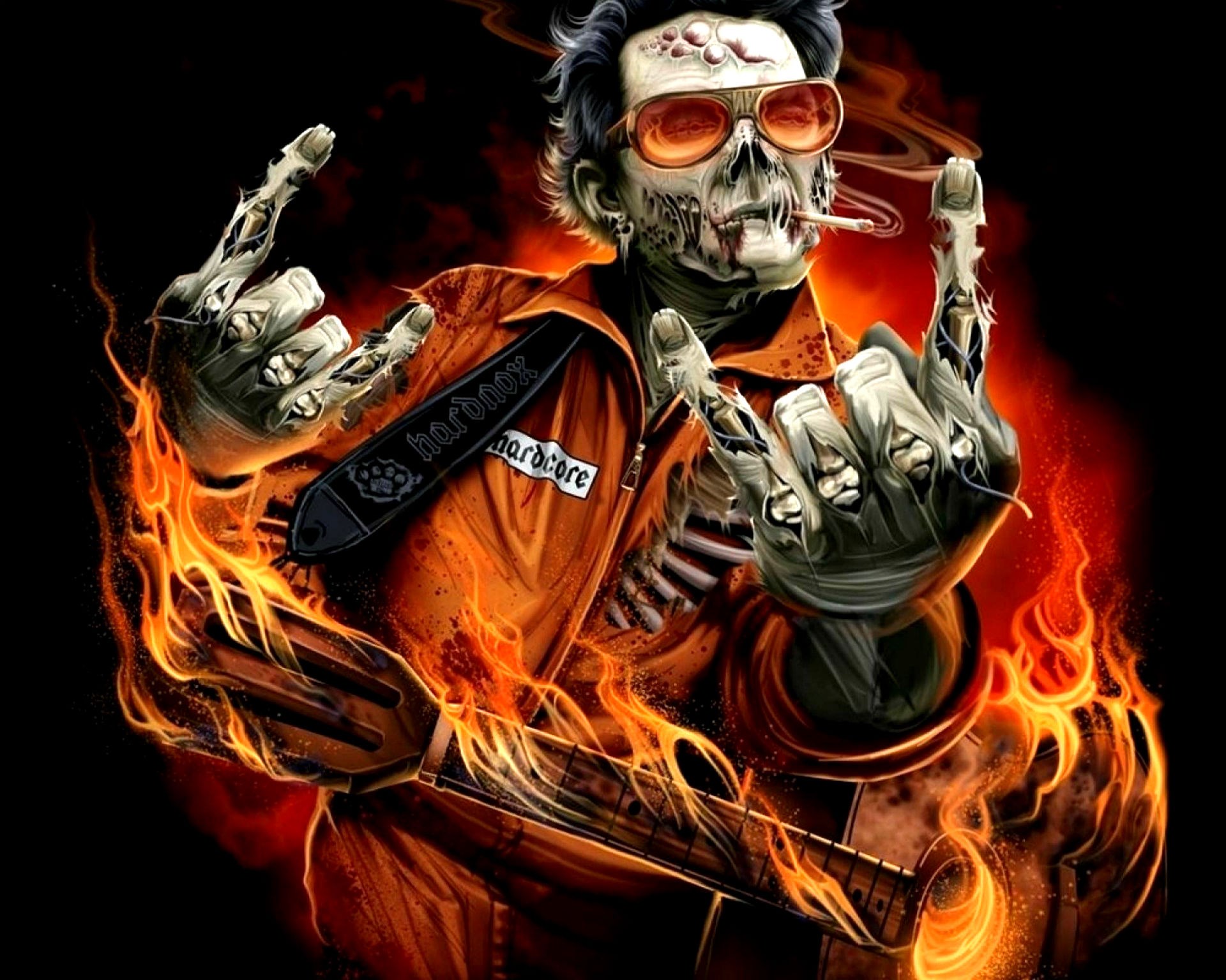 Zombie playing guitar with flames HD Wallpaper