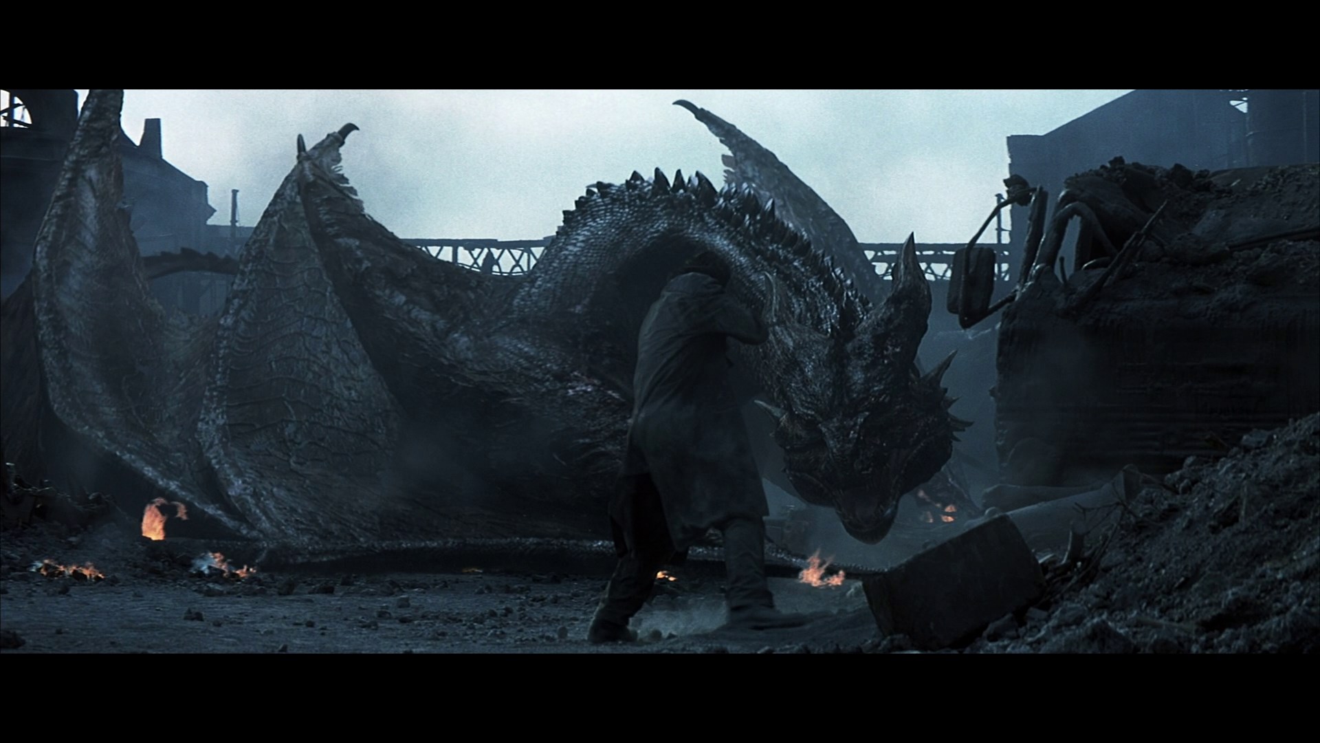 Dragon and man in destroyed industrial area HD Wallpaper