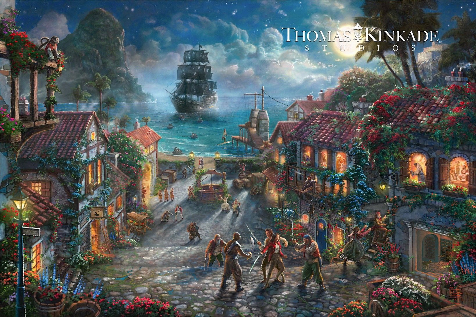 Pirate Village Scene with Ship at Sea HD Wallpaper