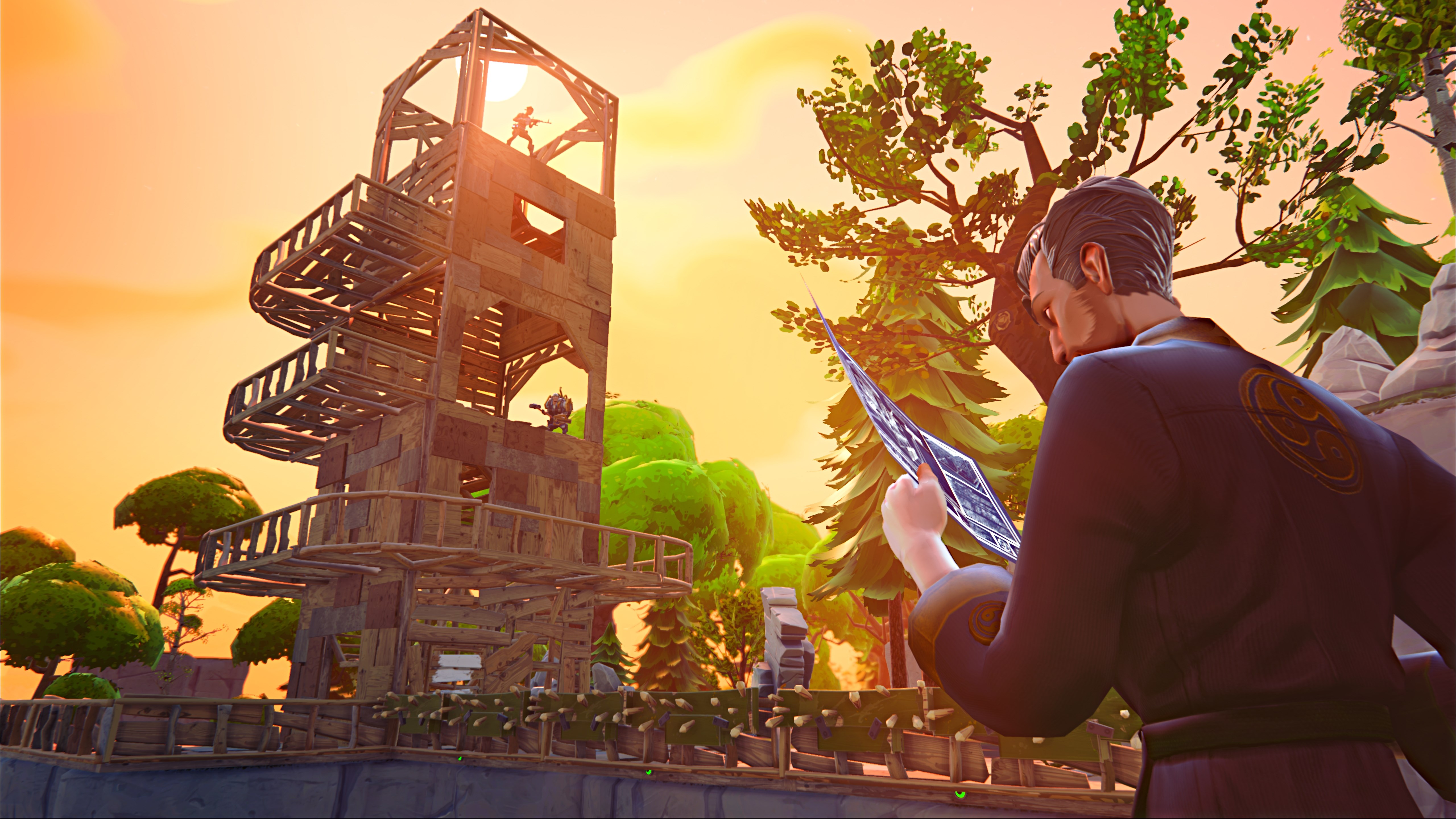 Fortnite character on wooden tower at sunset HD Wallpaper