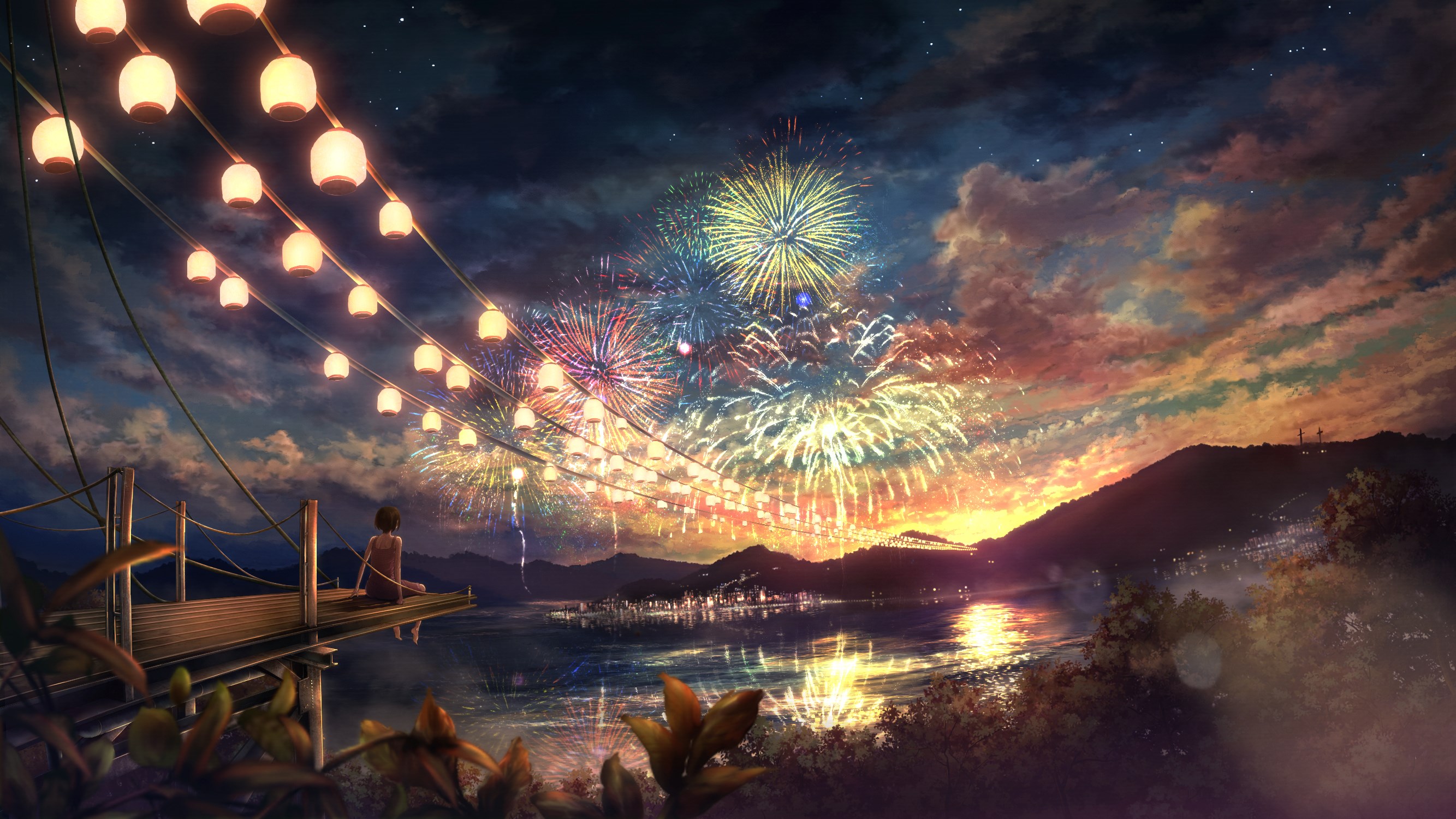 Anime girl watching fireworks from a pier HD Wallpaper