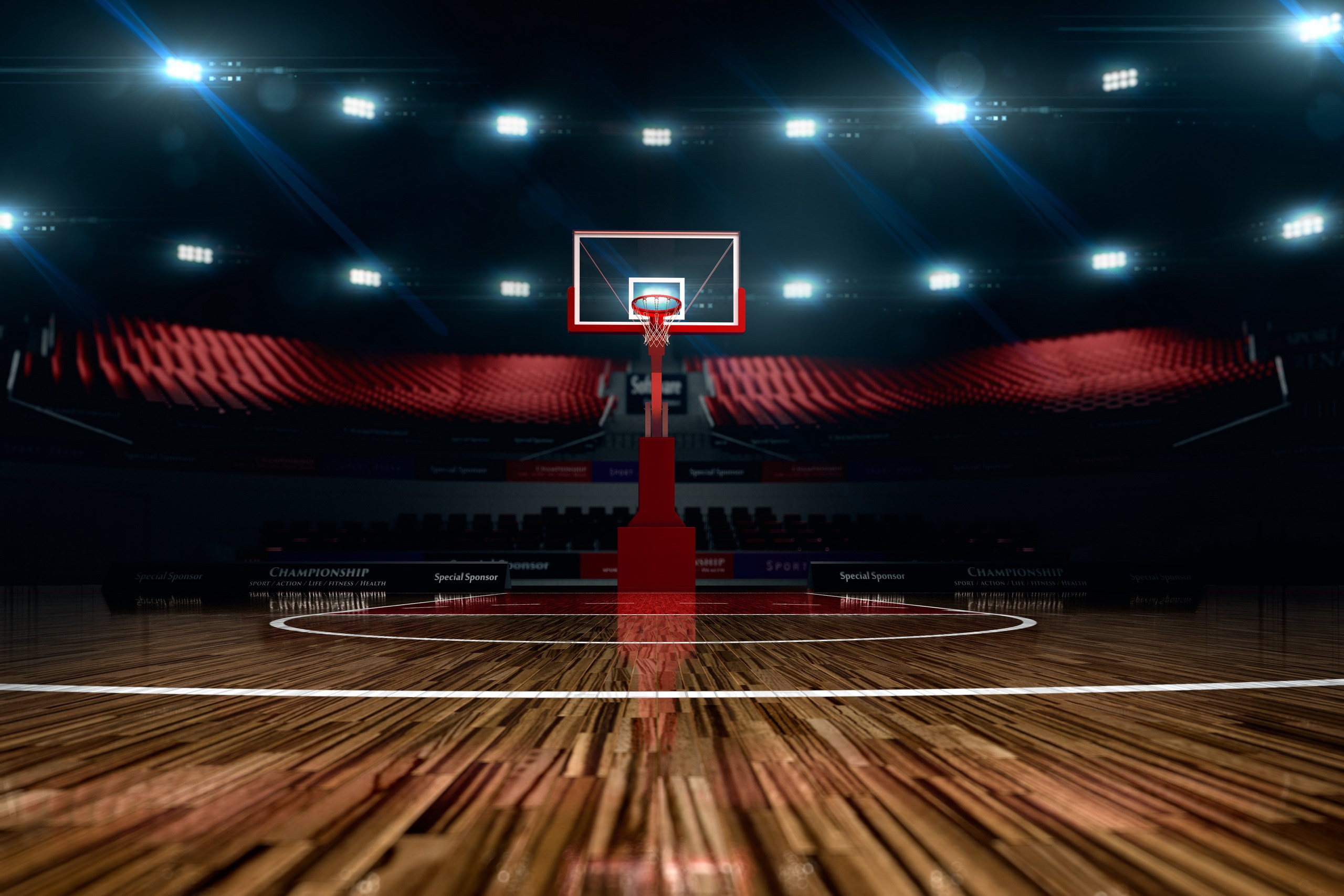 Basketball court with stadium seating HD Wallpaper