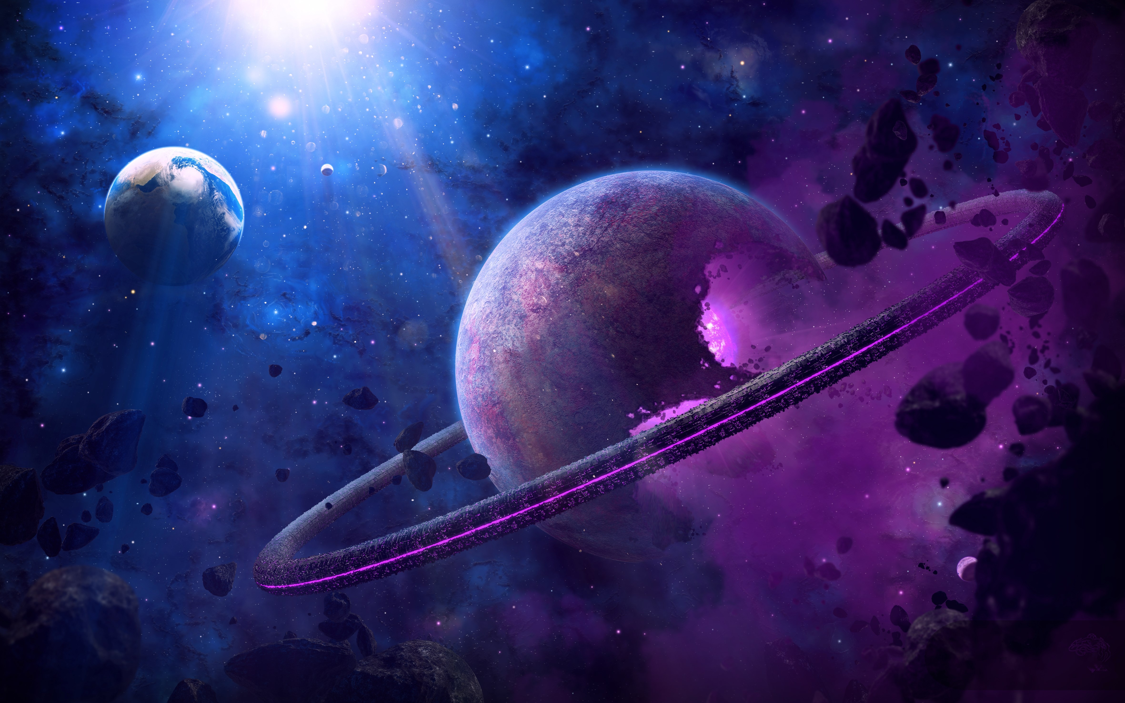 Space scene with planets and asteroids HD Wallpaper