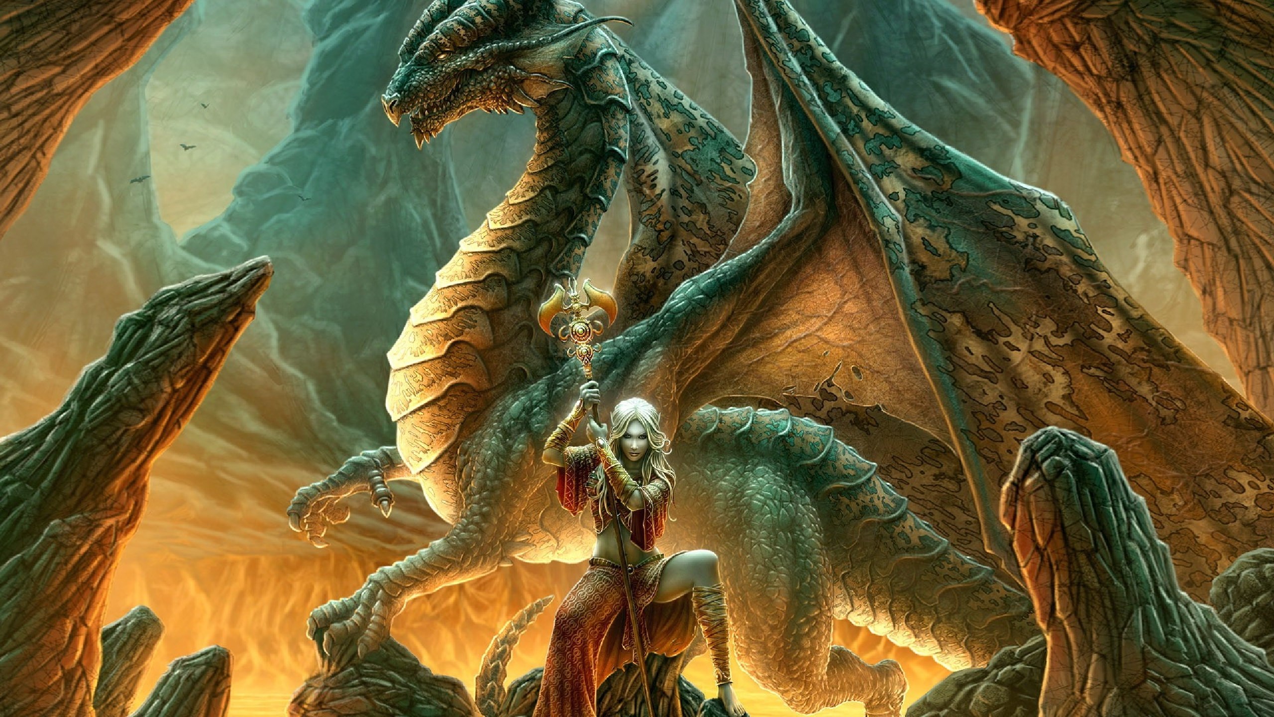 Dragon and a woman with a staff HD Wallpaper