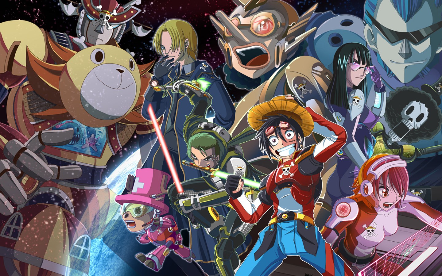 One Piece characters in futuristic outfits HD Wallpaper
