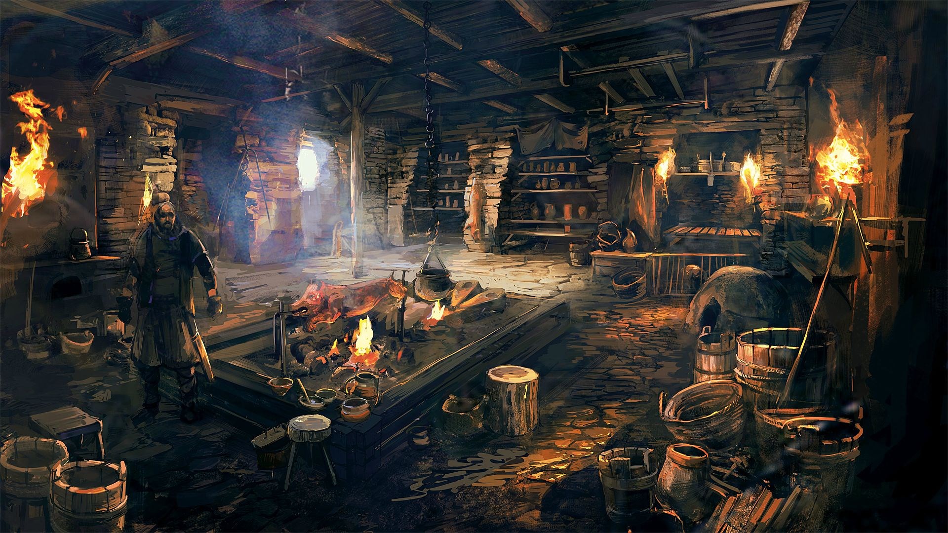 Man in a medieval kitchen with a pig roasting HD Wallpaper