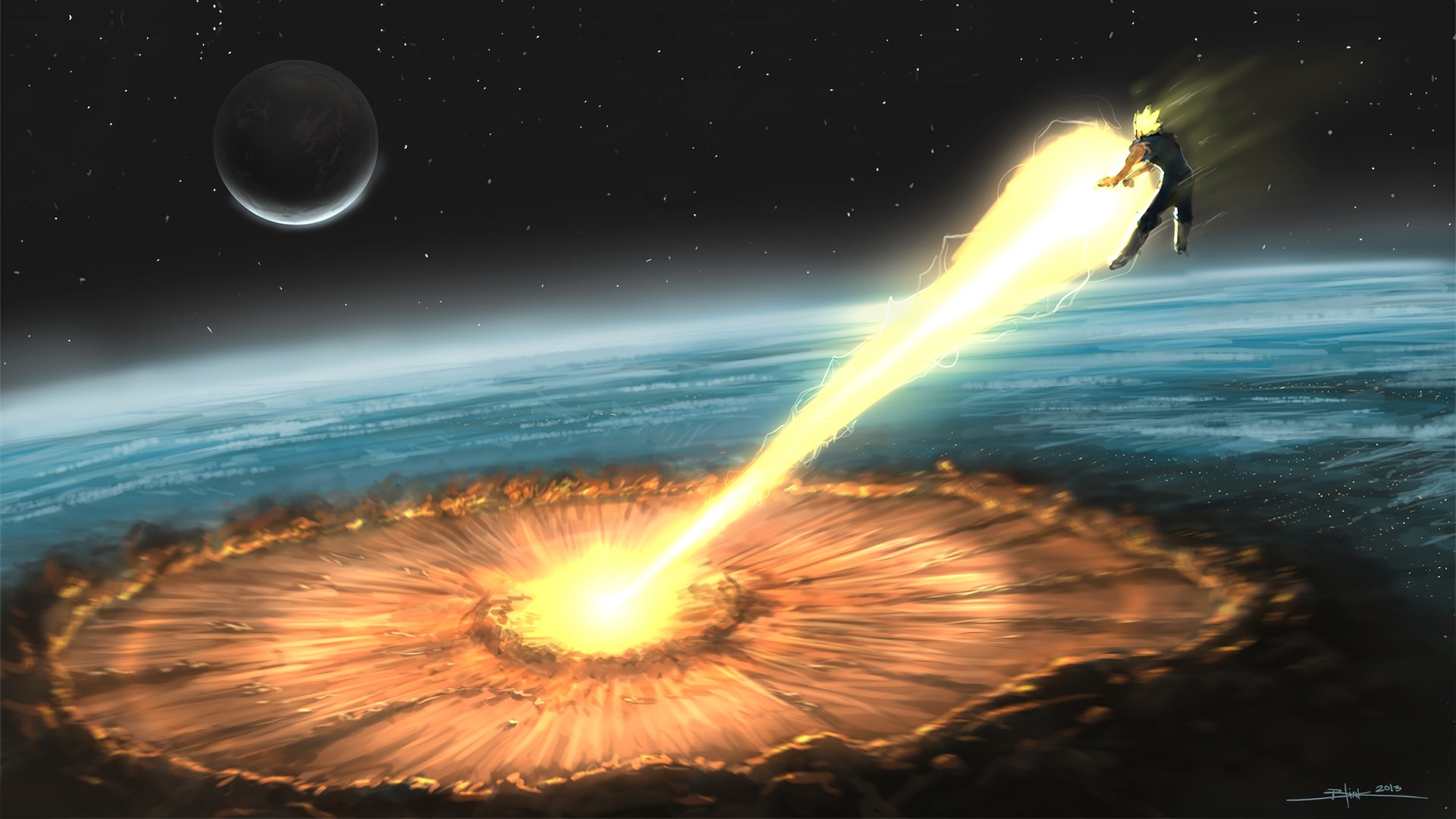 Goku from Dragon Ball Z firing a Kamehameha at Earth HD Wallpaper