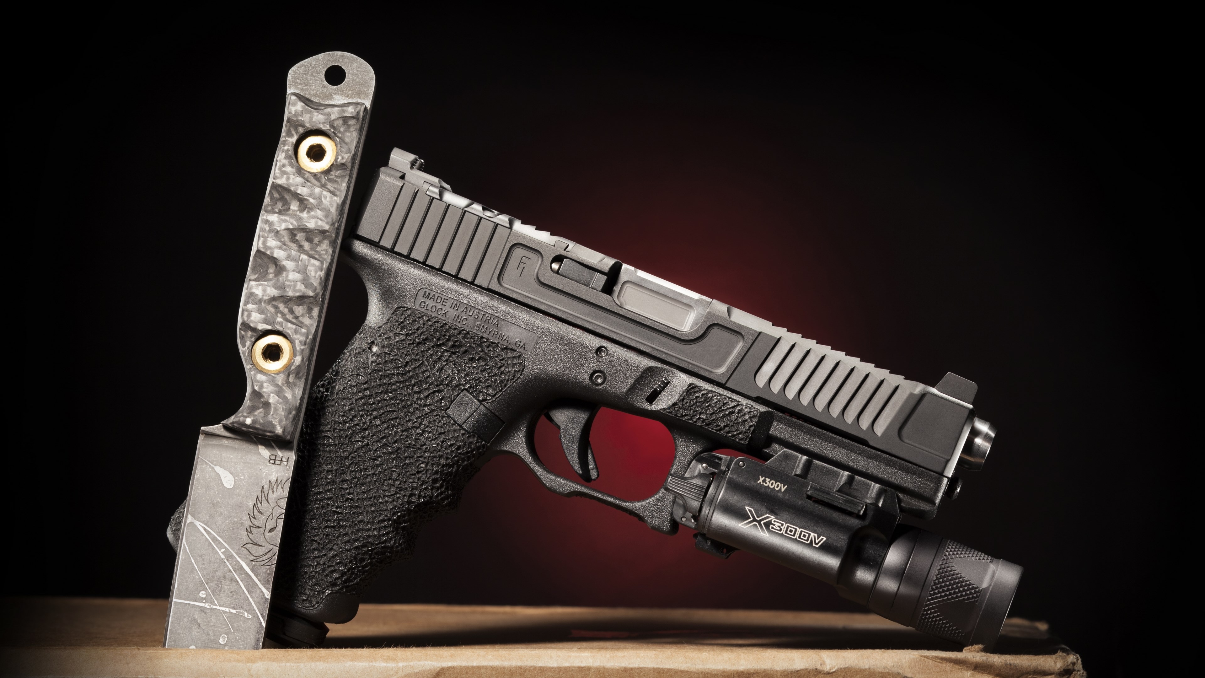 4K Glock pistol and knife HD Wallpaper