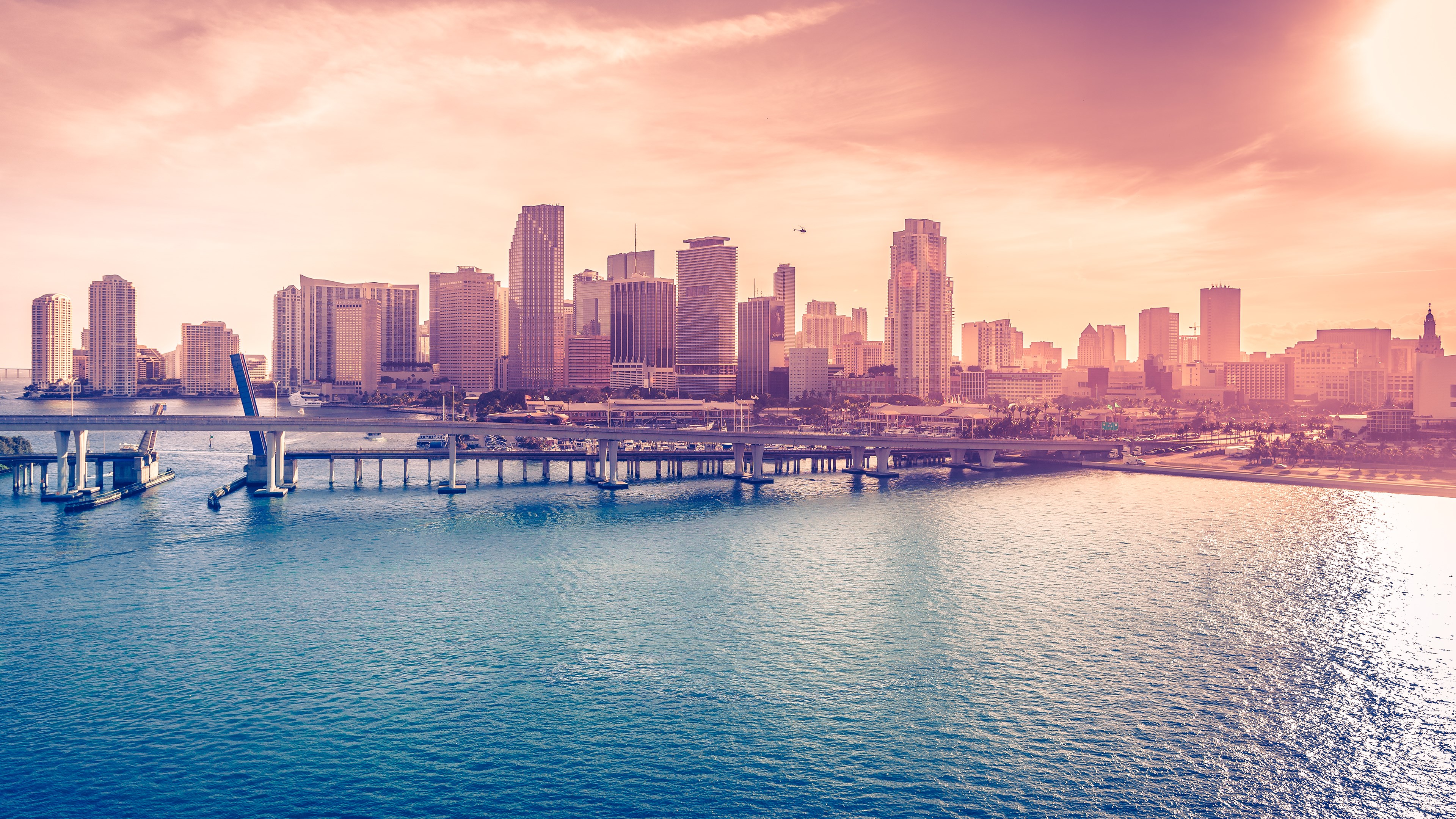 Miami Skyline with Bridge and Water HD Wallpaper