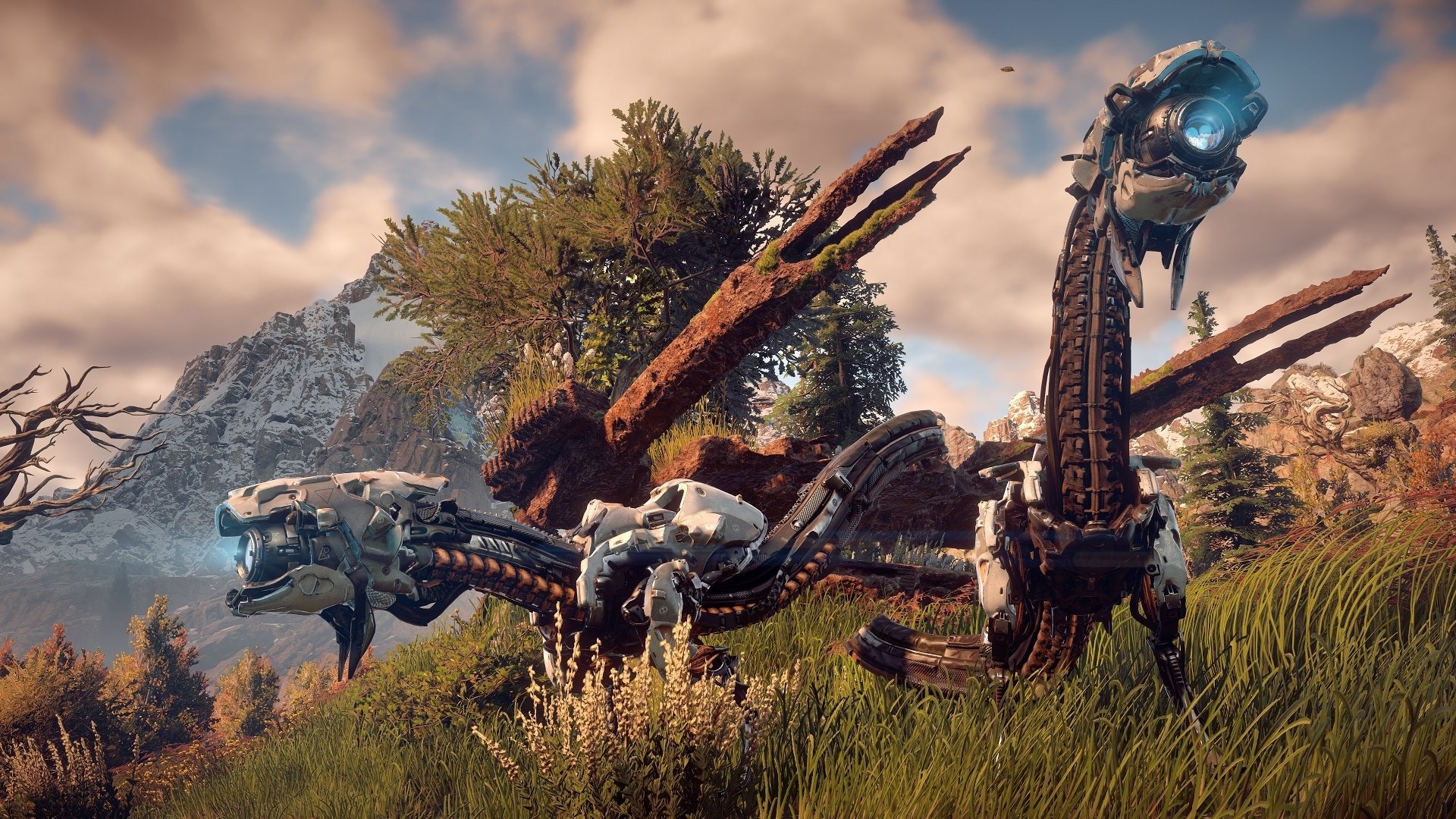 Horizon Zero Dawn mechanical creatures in a mountain landscape HD Wallpaper