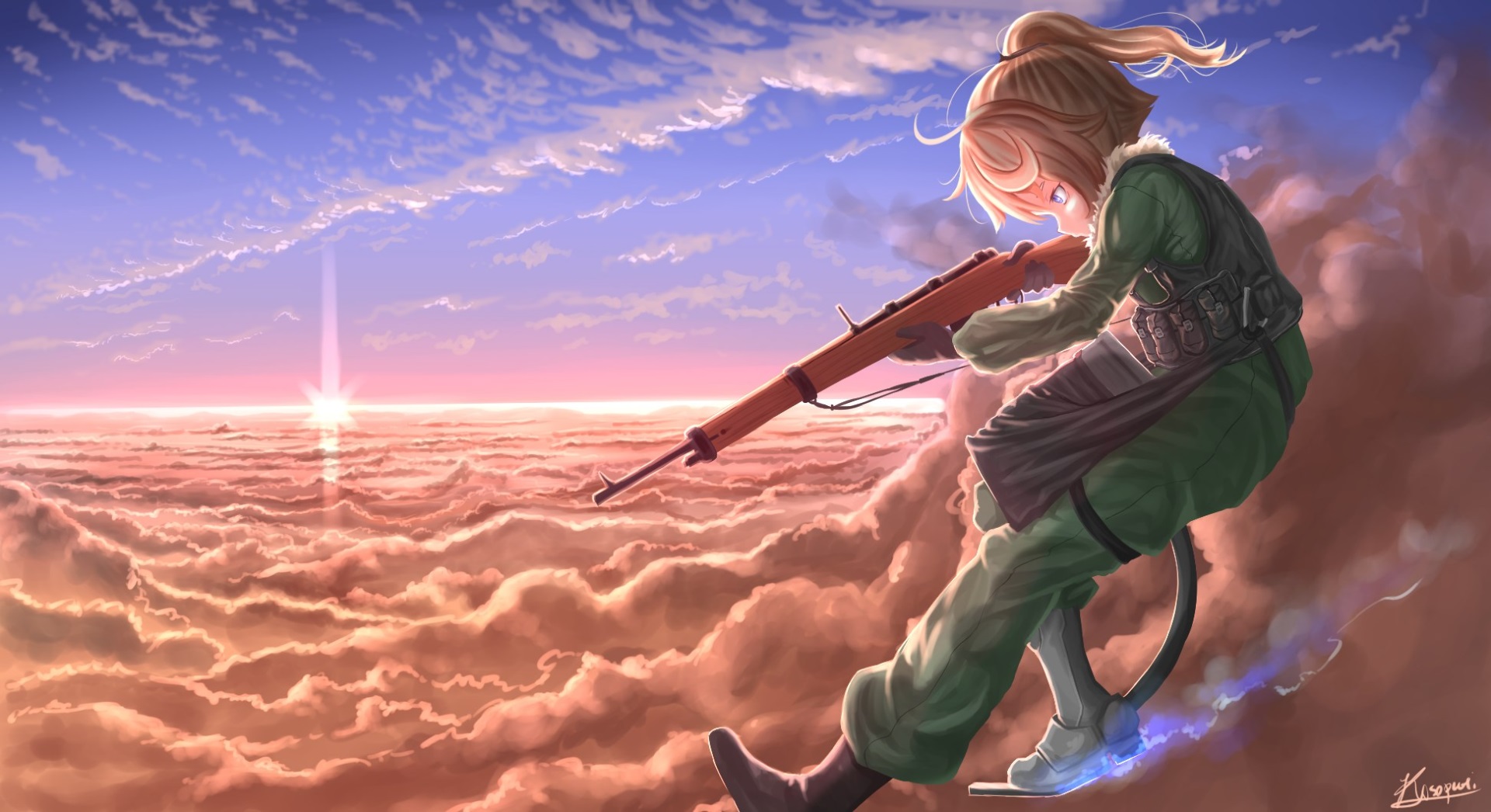 Anime girl with rifle flying over clouds HD Wallpaper