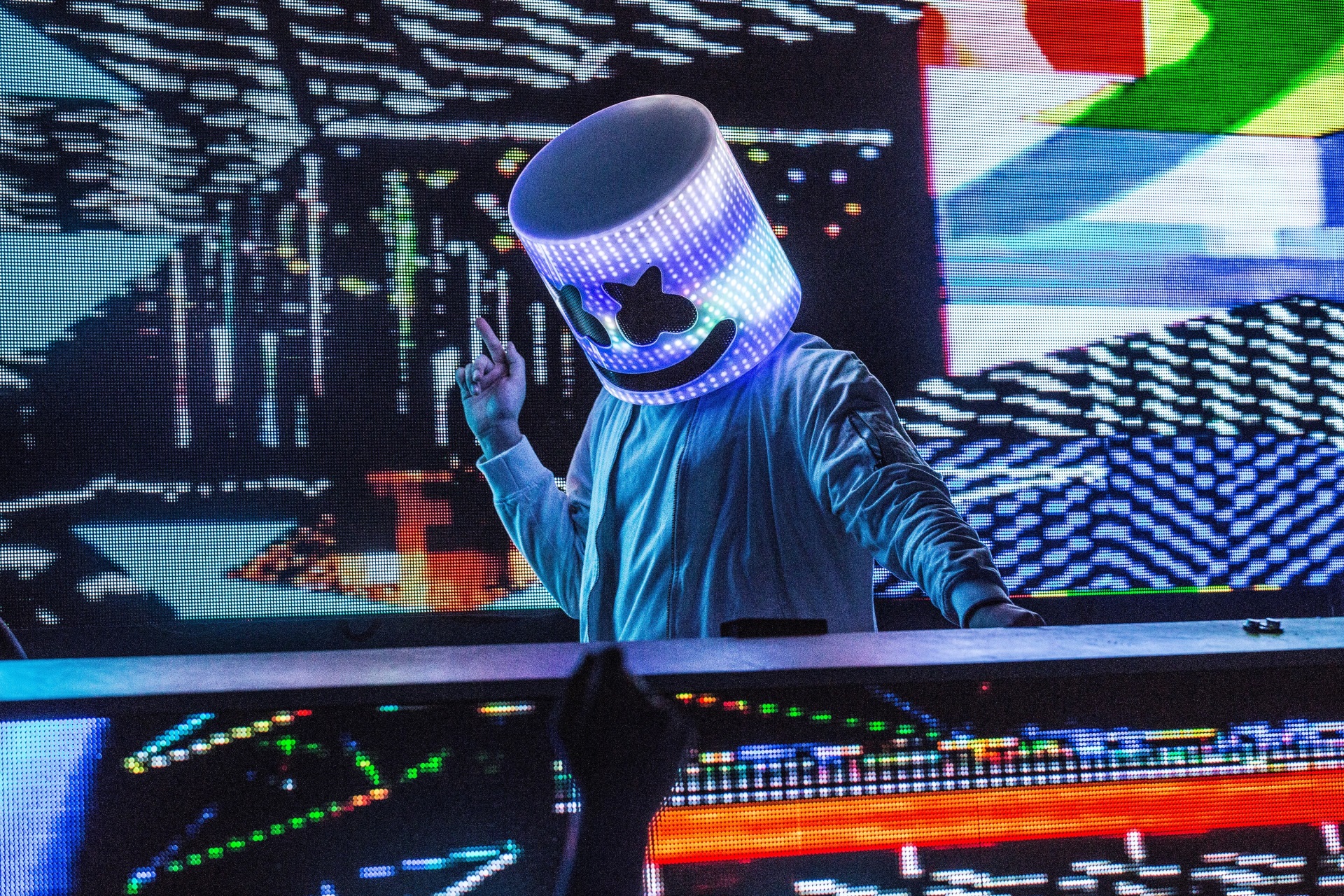 Marshmello performing on stage with LED screen HD Wallpaper
