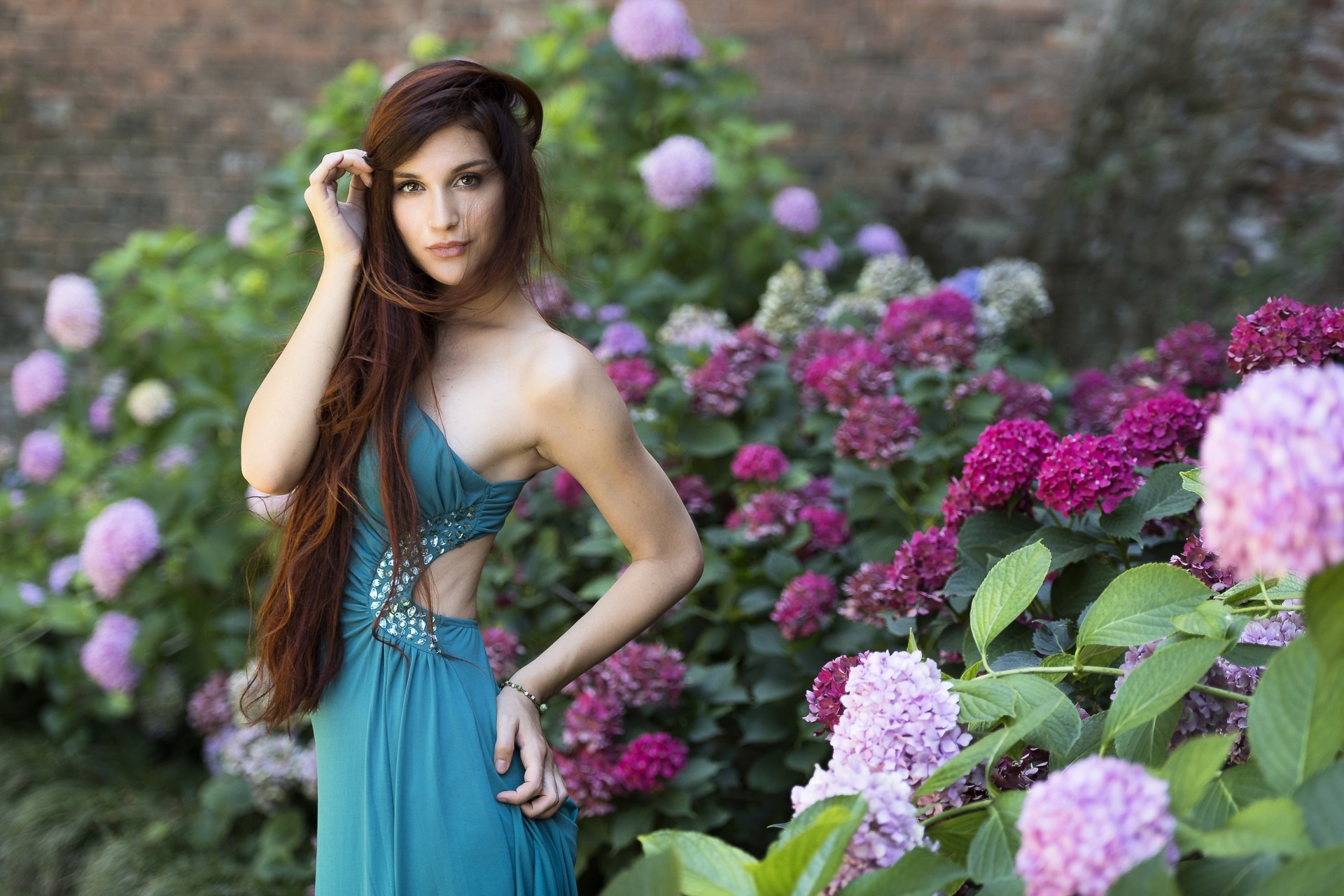 Woman in Teal Dress Among Purple Flowers HD Wallpaper