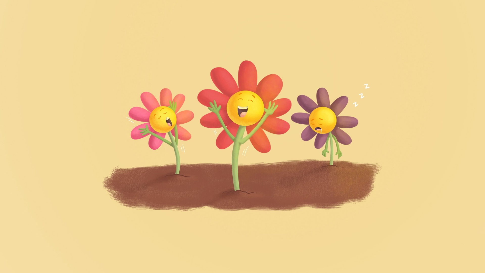 Three cartoon flowers with faces in the soil HD Wallpaper