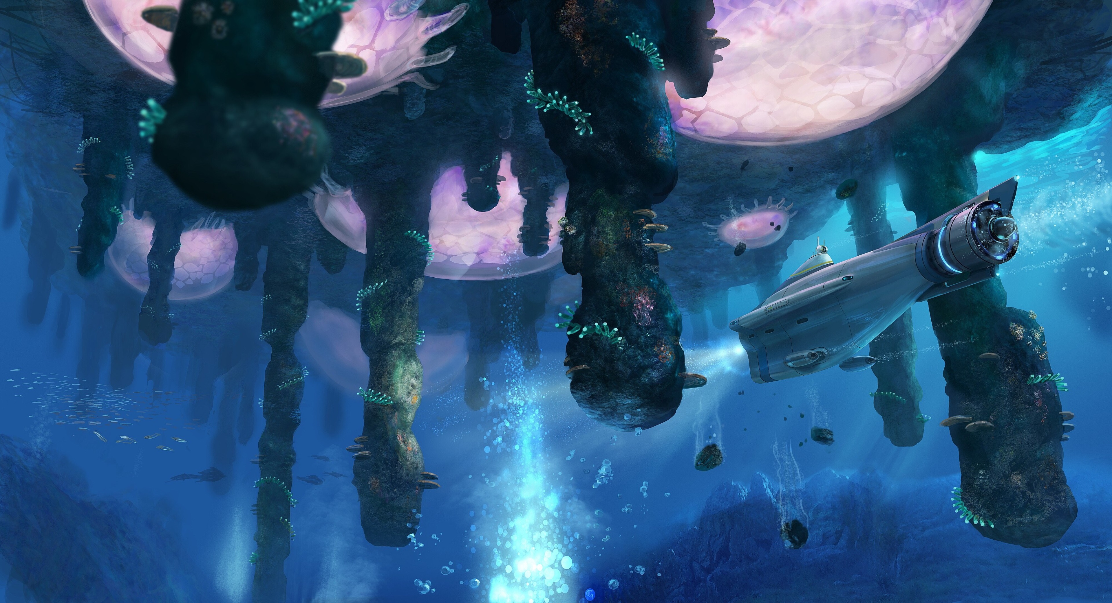Subnautica 4K underwater scene with submarine HD Wallpaper