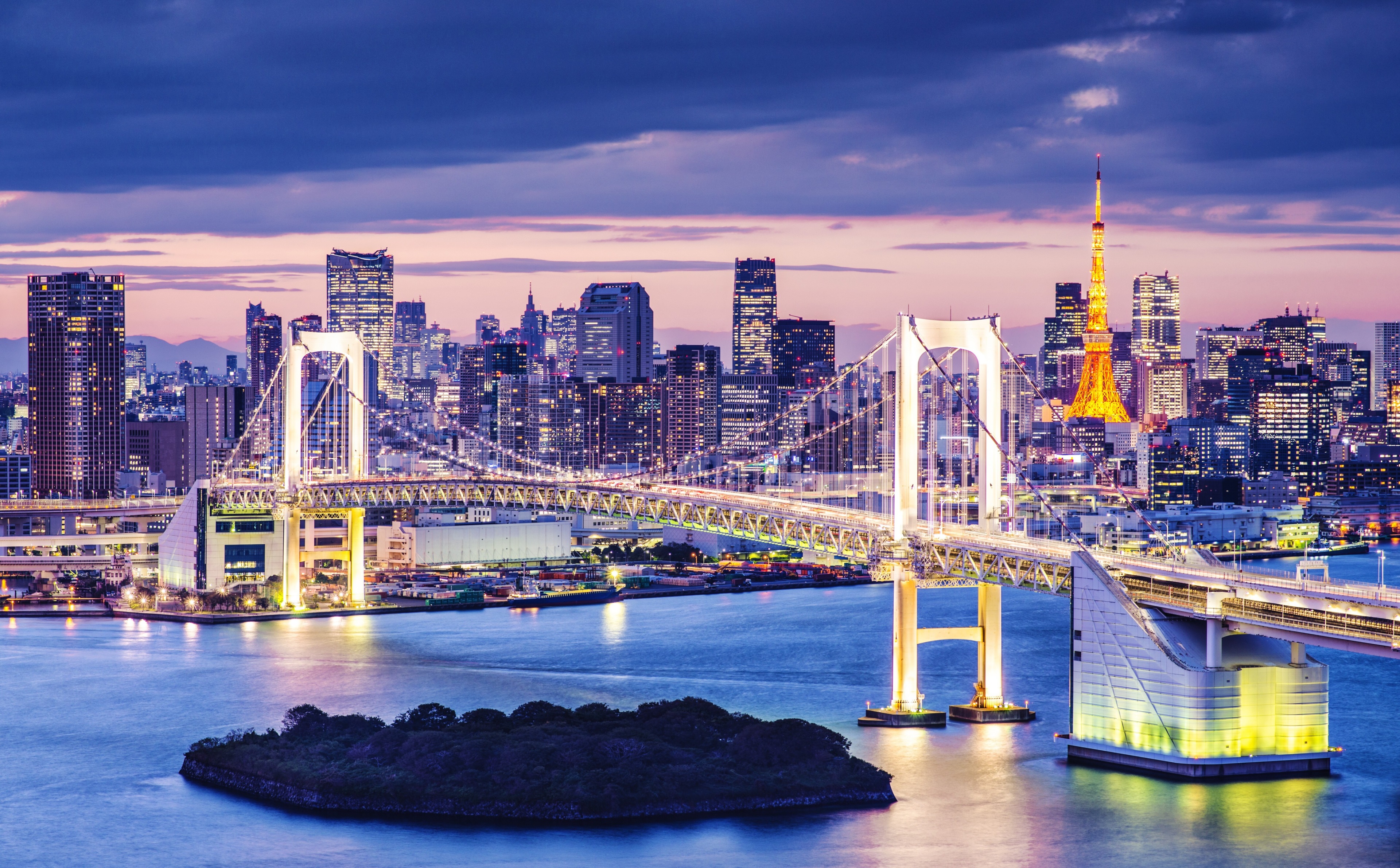 Tokyo Bay with Rainbow Bridge and Tokyo Tower at Dusk HD Wallpaper