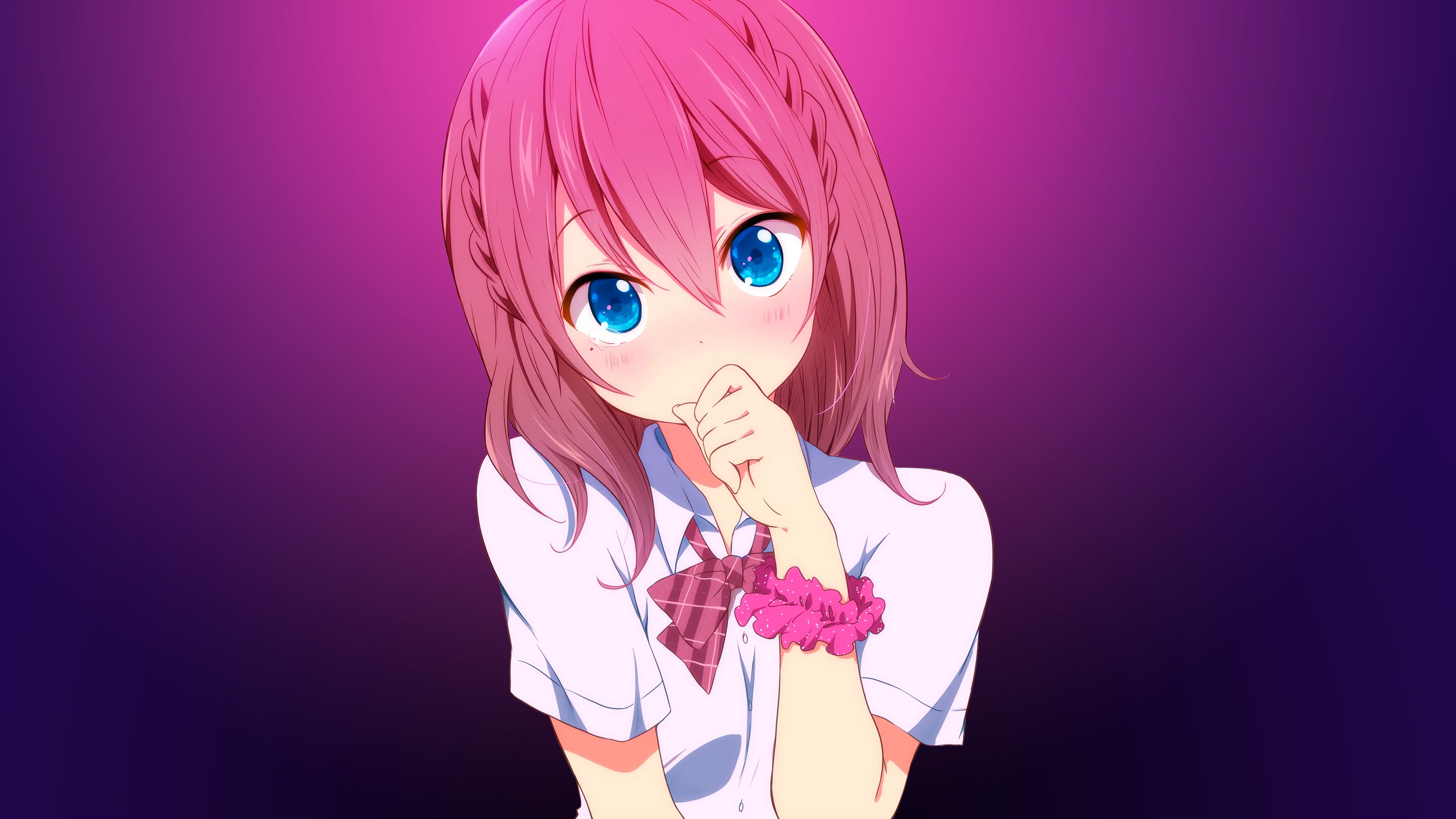 Anime girl with pink hair and blue eyes 4K HD Wallpaper