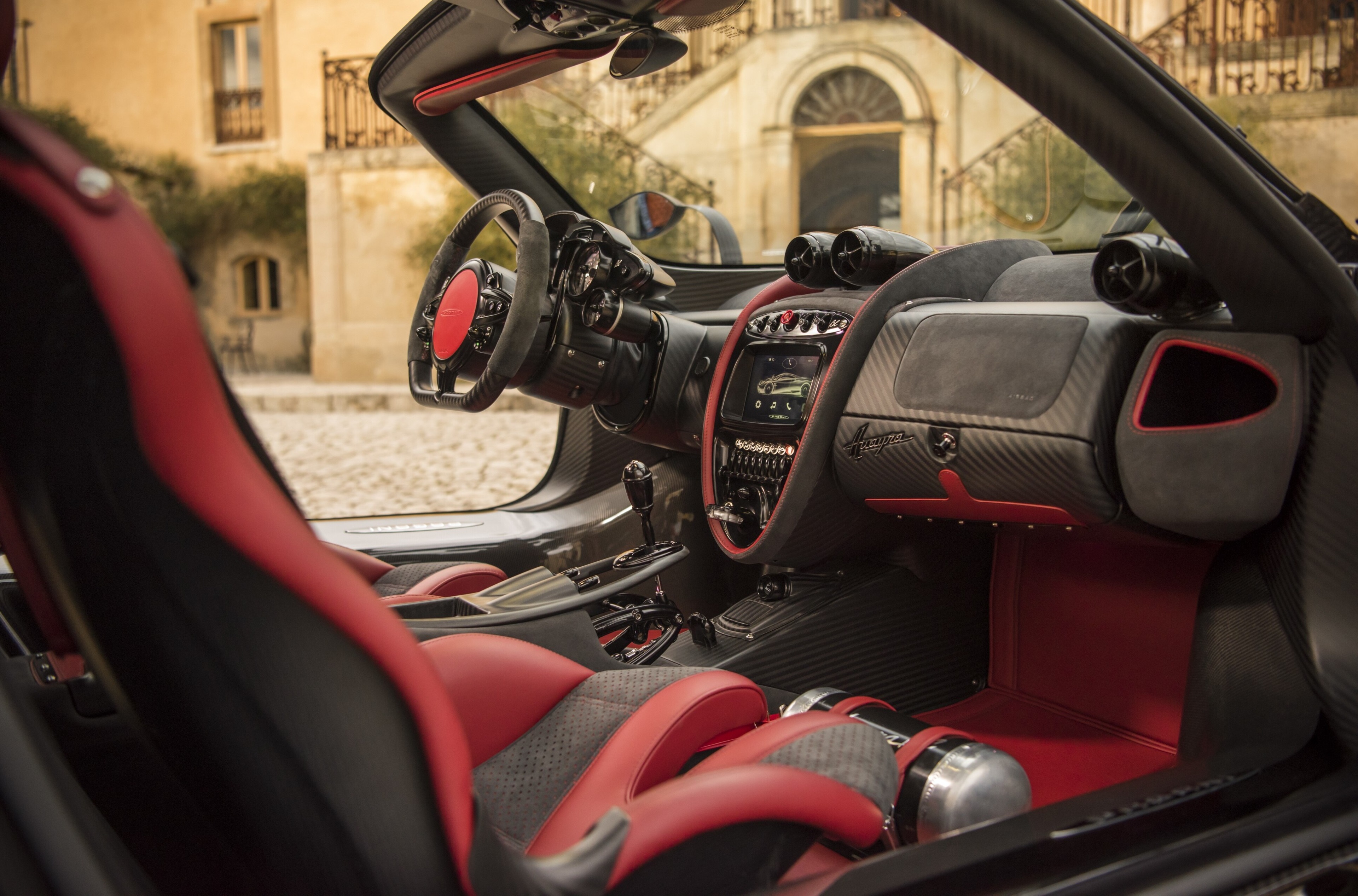 Pagani Huayra BC interior with red and black seats HD Wallpaper