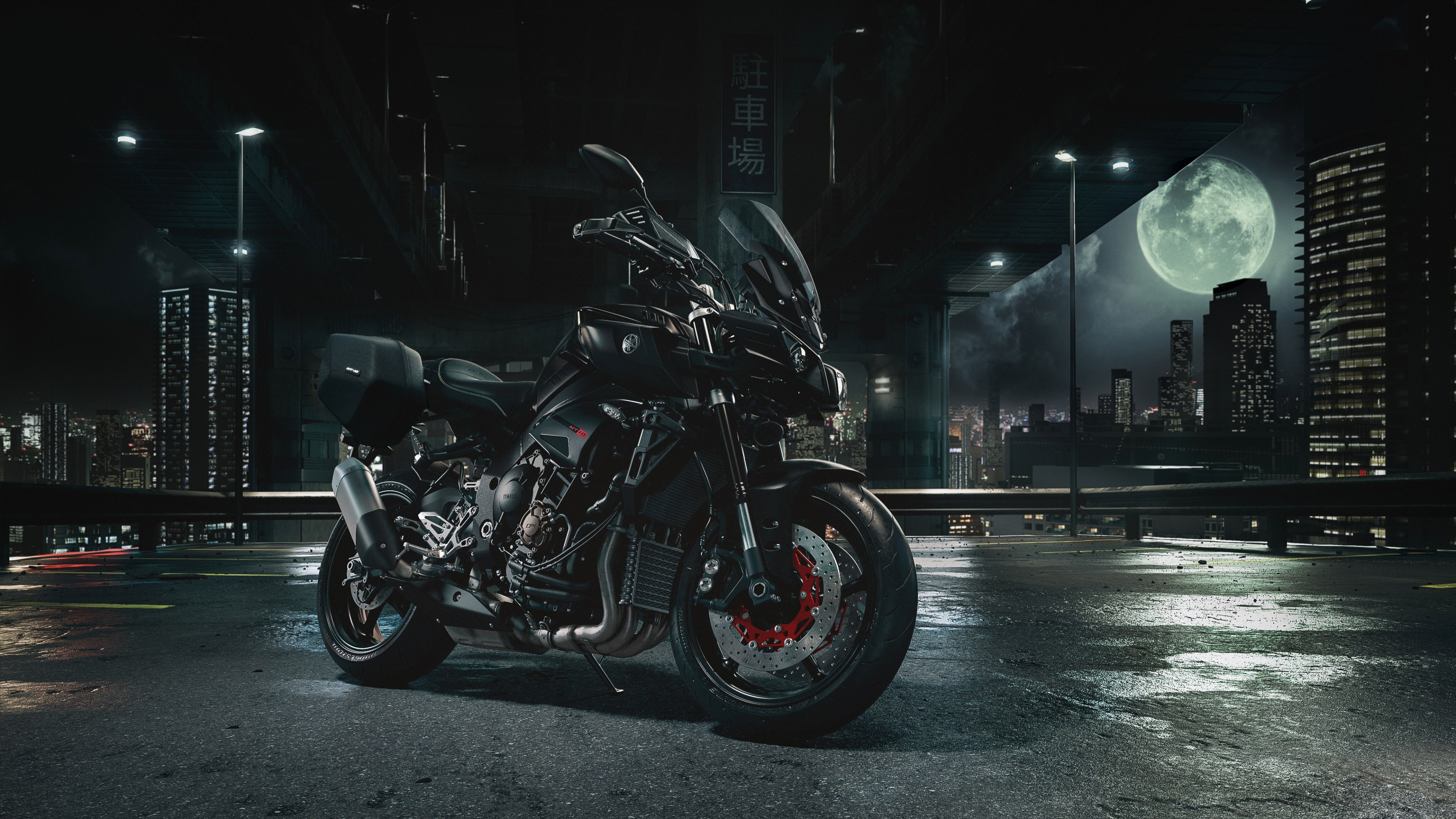 Yamaha motorcycle in a futuristic city at night HD Wallpaper