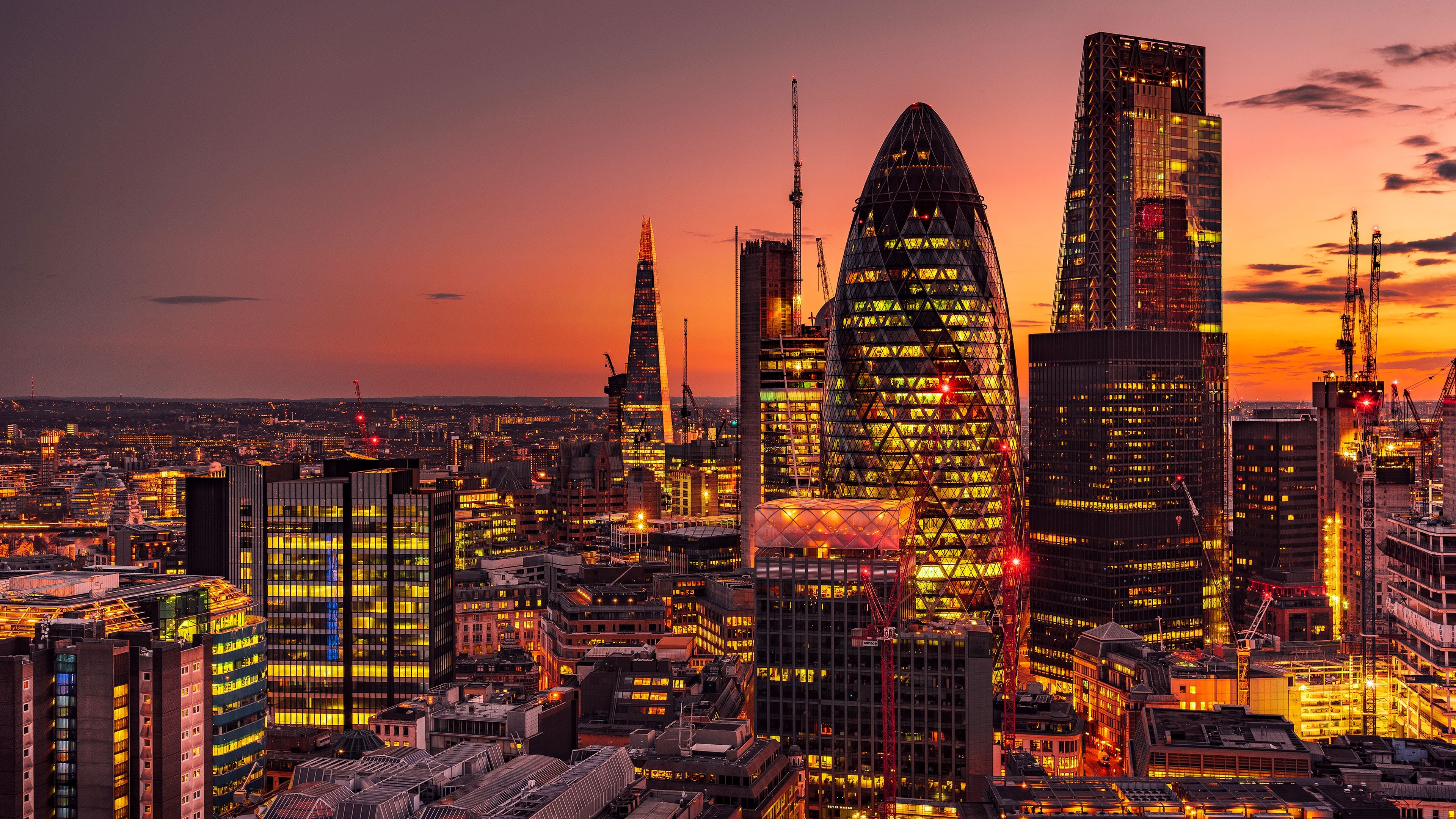 London skyline at sunset with Gherkin building HD Wallpaper