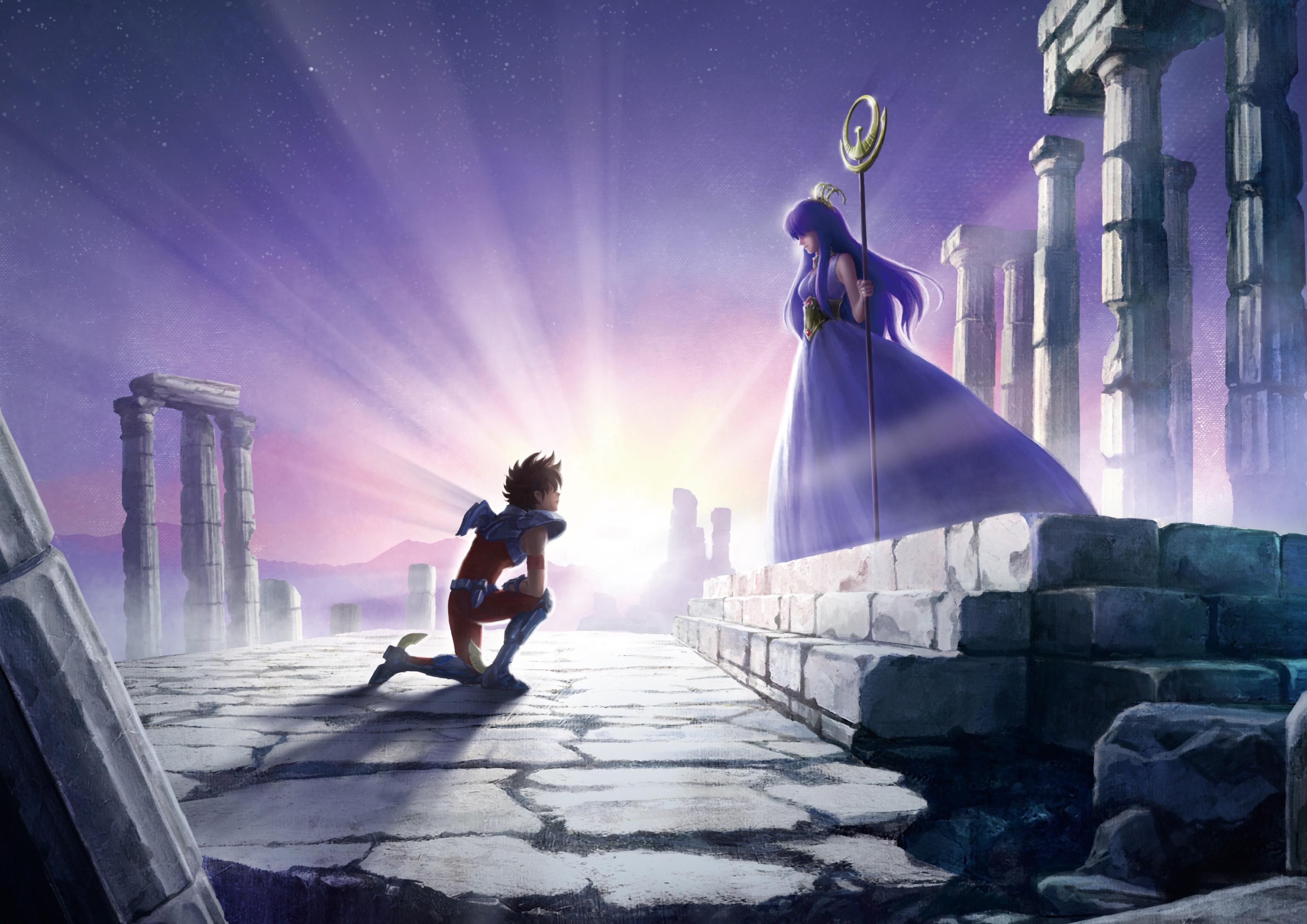 Seiya from Saint Seiya before Athena in ruins HD Wallpaper