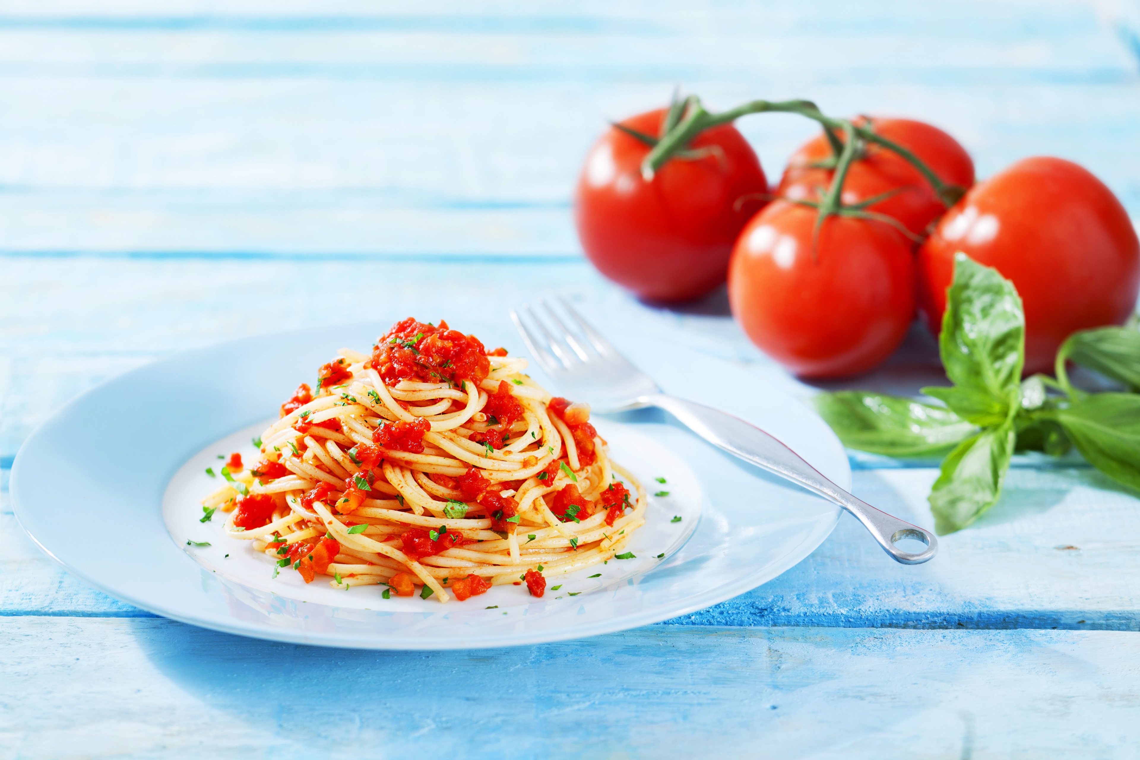 Spaghetti with tomato sauce and basil on a plate HD Wallpaper