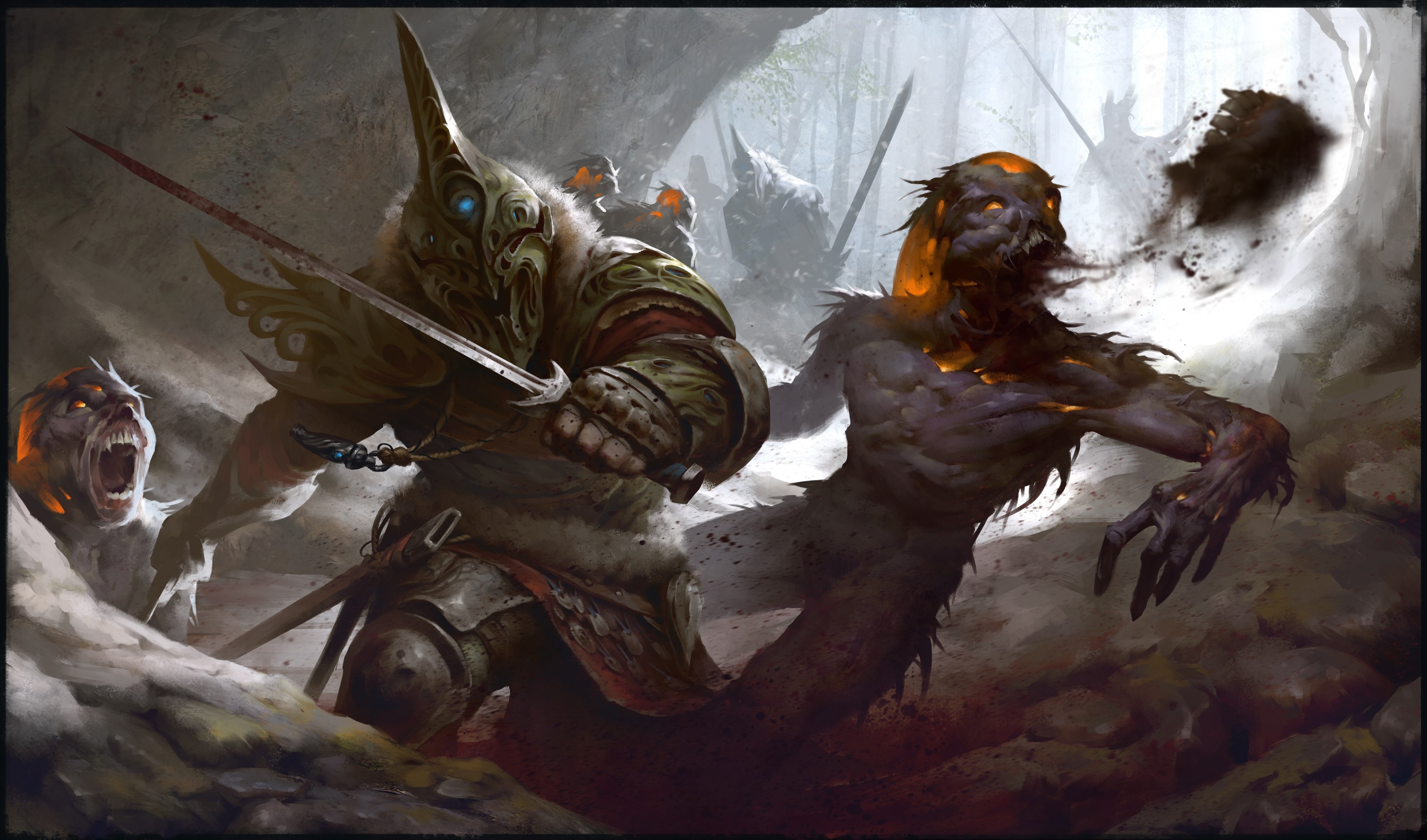 Warrior fighting zombies in a forest 4K HD Wallpaper