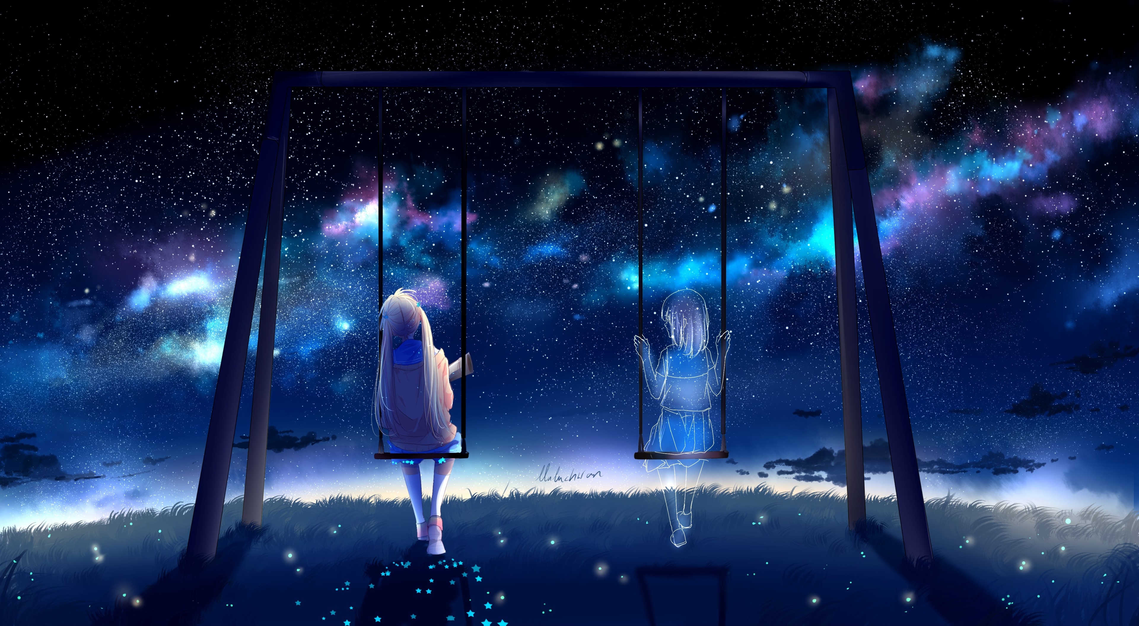 Two girls on swings under a starry sky HD Wallpaper