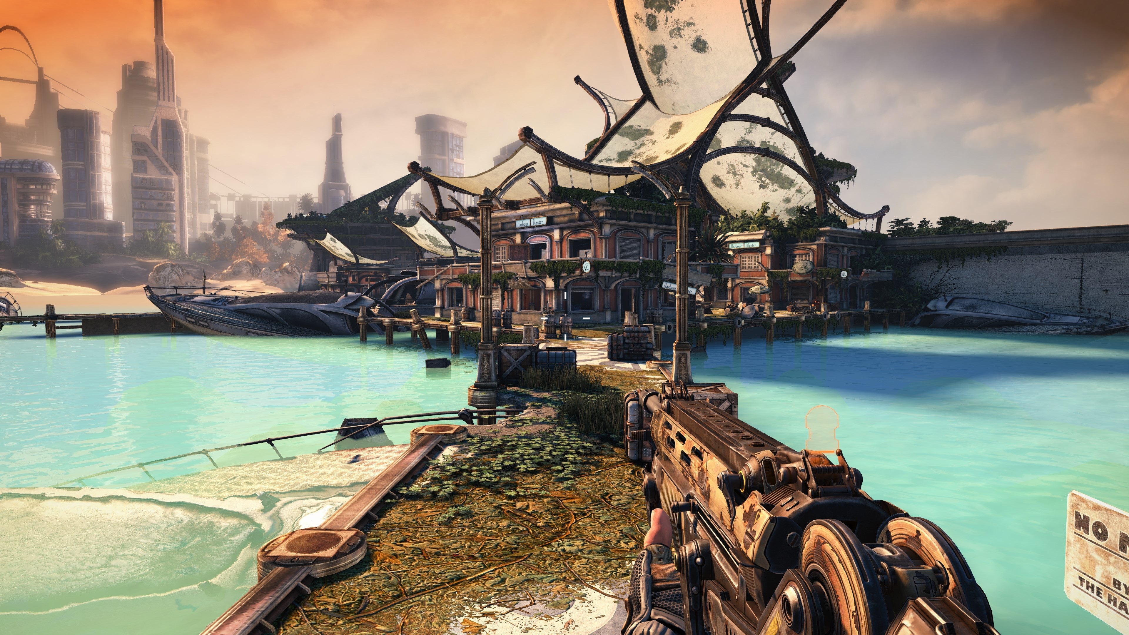 Video game 4K screenshot of a futuristic city and harbor HD Wallpaper