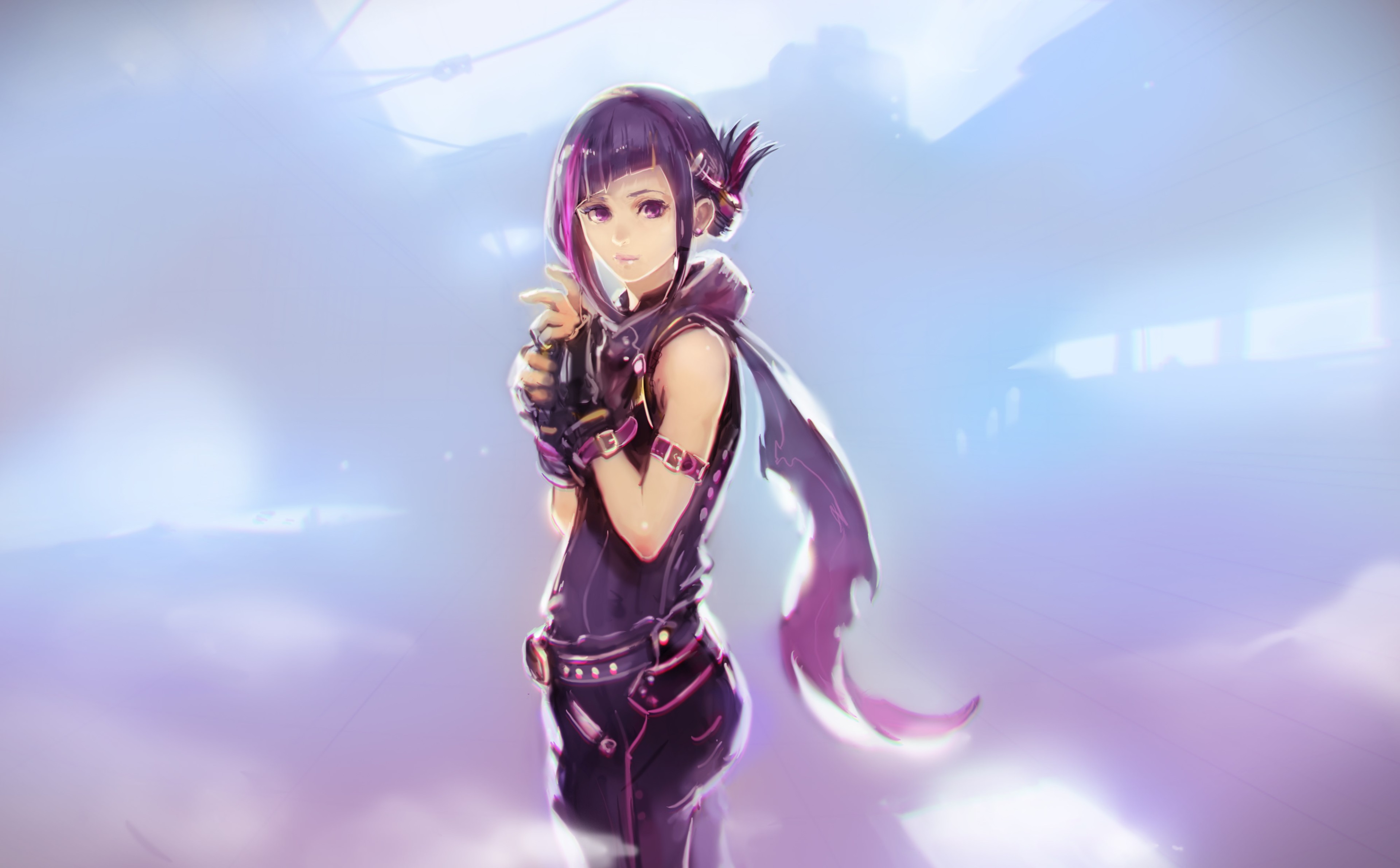 Anime girl with purple hair in dark outfit HD Wallpaper