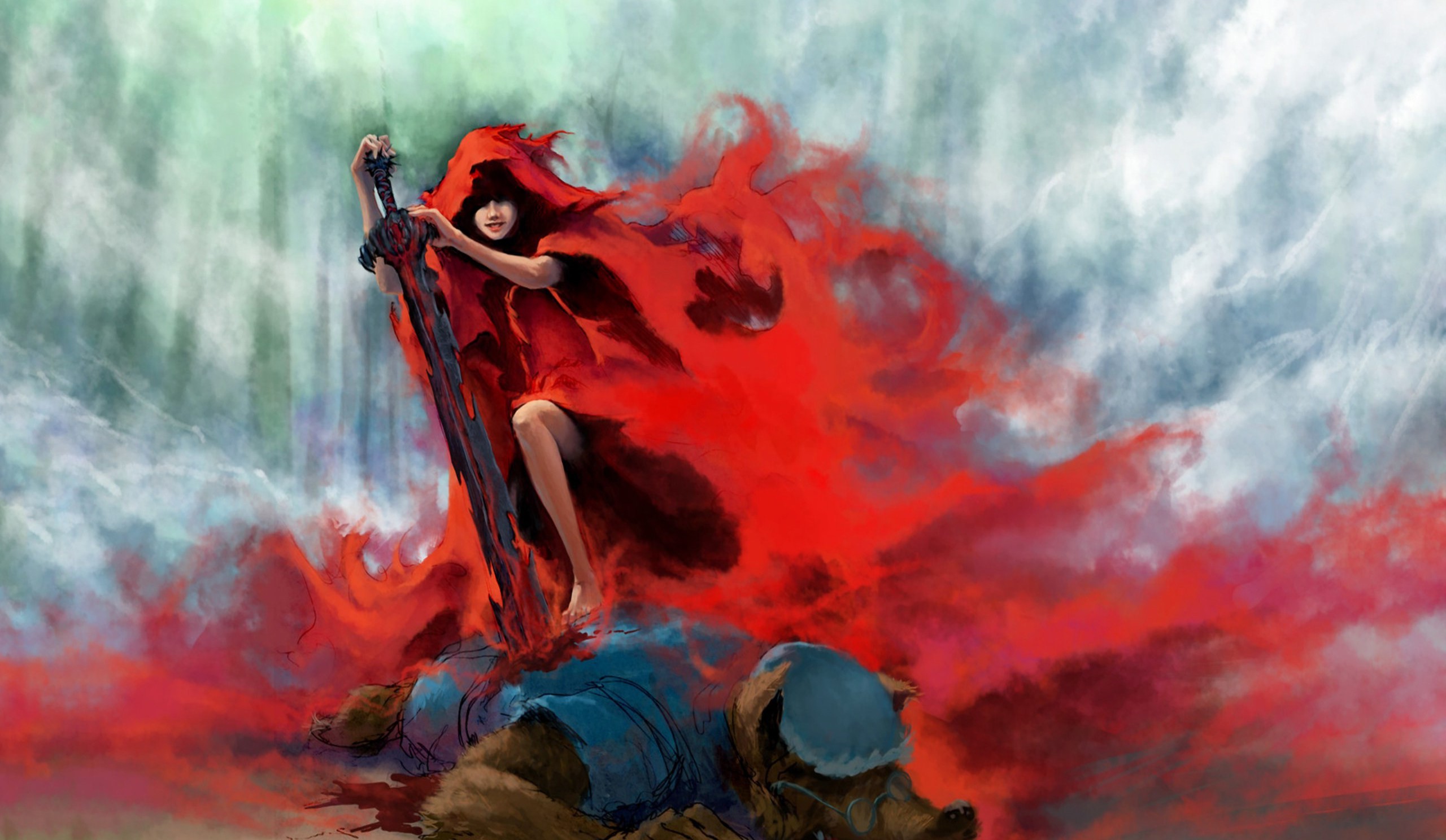 Little Red Riding Hood with Sword over Wolf HD Wallpaper