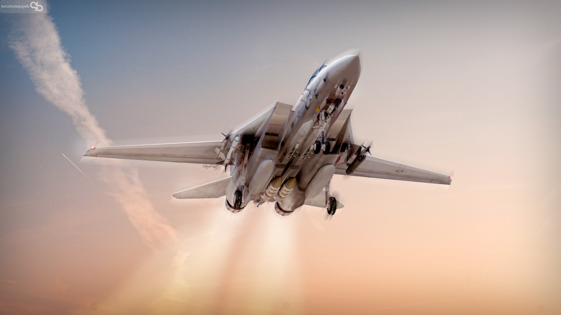 F-14 Tomcat Military Jet Taking Off at Sunset HD Wallpaper