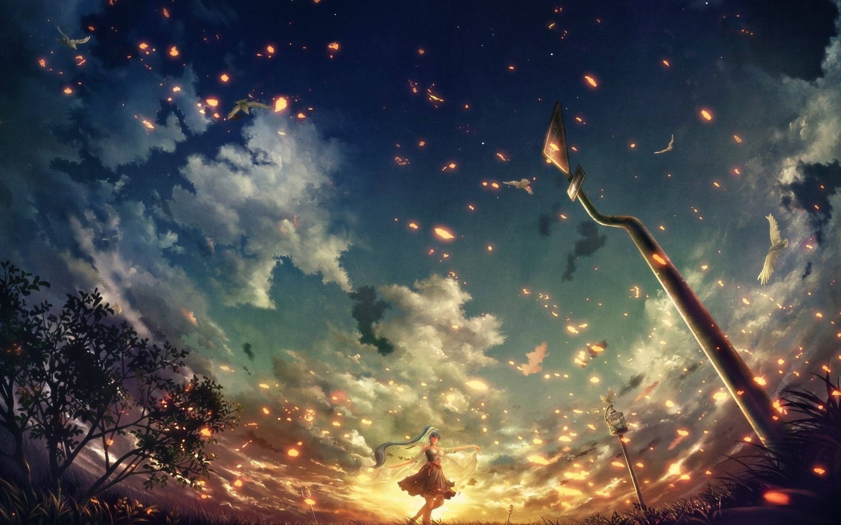 Anime girl with flowing hair in a field at sunset HD Wallpaper