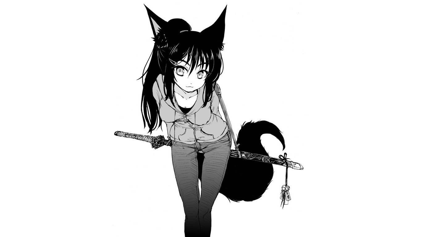 Anime girl with fox ears and katana HD Wallpaper