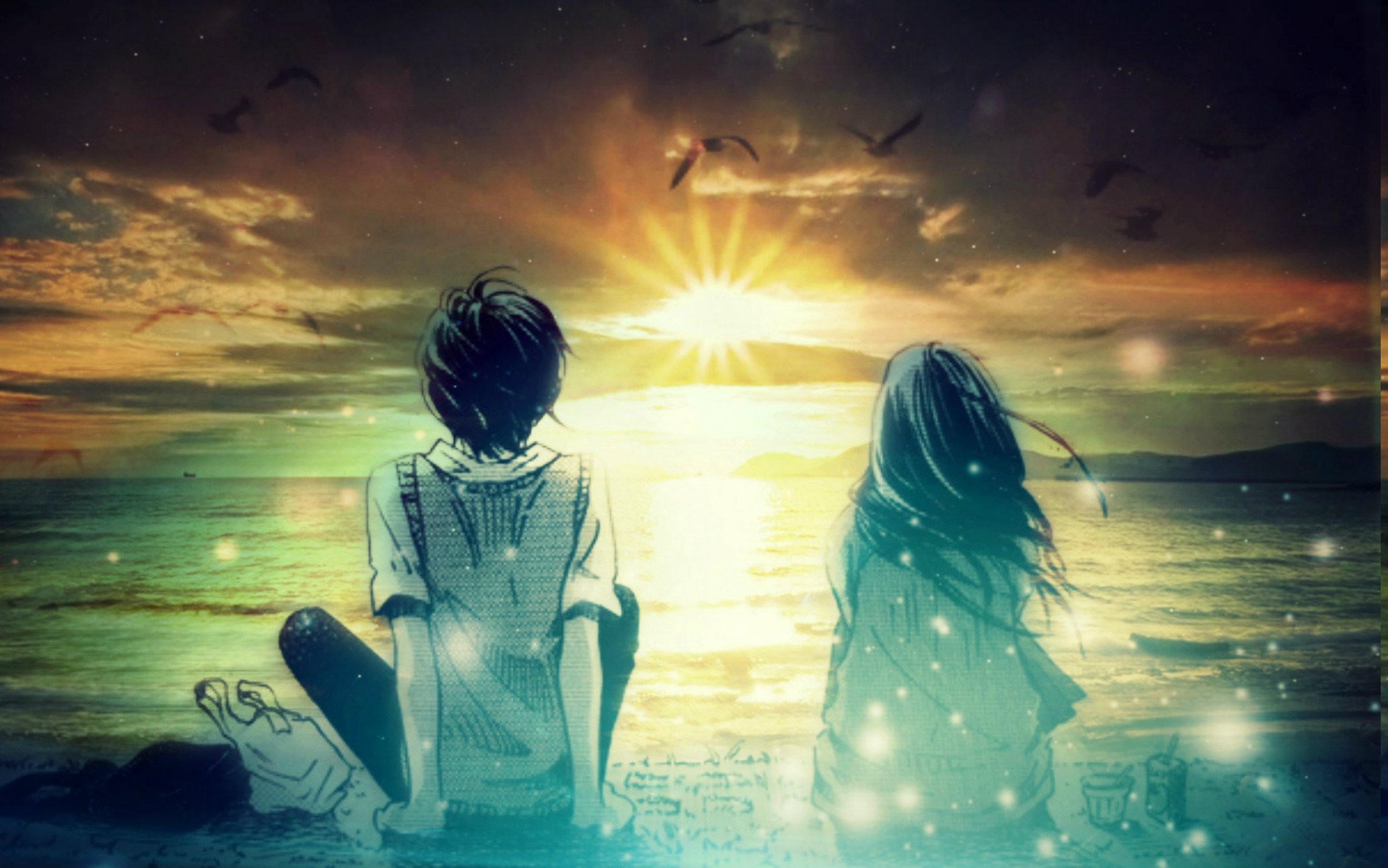 Anime couple watching sunset over the ocean HD Wallpaper